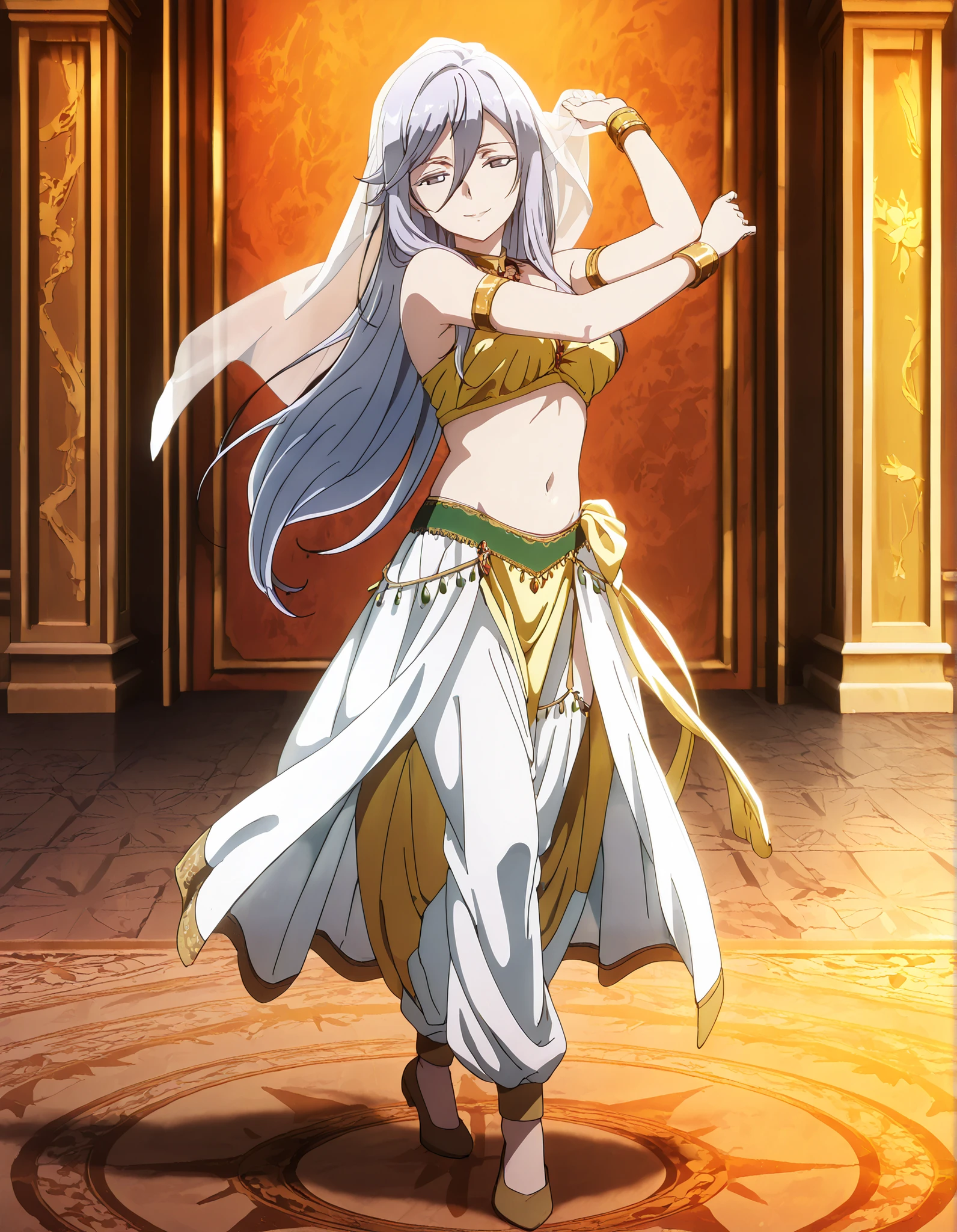 (1girl:1 . 5) , (Seul:1 . 5) , score_9 , score_8_haut , score_7_haut , source_anime , Official work , ultra-detailed , masterpiece , better quality , high resolution , beaux yeux , detailed eyes , Detailed face , beautiful detailed eyes,1girl,very long hair, grey eyes, hair between eyes, bangs, grey hair,86 -Eighty Six-,Vladilena Milize,Arabian Clothes , Arabian Dancer Outfit ,belly dancer costume,belly dancer outfit ,full body,golden jewelery,armlet, belly dancing,arabian garden,seductive smile, dancing with veil, dynamic movement,dance posture, pose