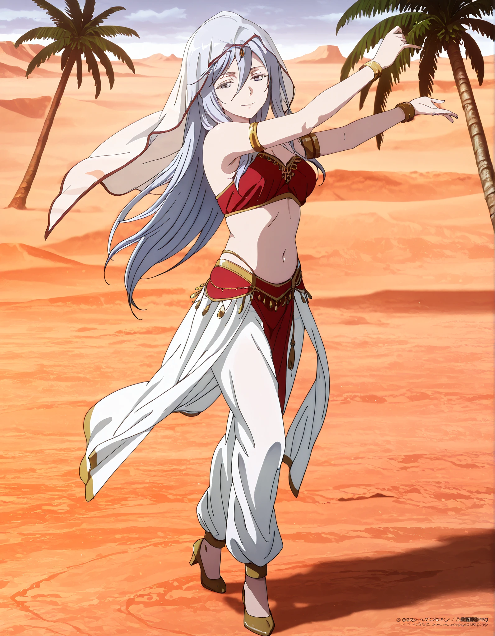 (1girl:1 . 5) , (Seul:1 . 5) , score_9 , score_8_haut , score_7_haut , source_anime , Official work , ultra-detailed , masterpiece , better quality , high resolution , beaux yeux , detailed eyes , Detailed face , beautiful detailed eyes,1girl,very long hair, grey eyes, hair between eyes, bangs, grey hair,86 -Eighty Six-,Vladilena Milize,Arabian Clothes , Arabian Dancer Outfit ,belly dancer costume,belly dancer outfit ,full body,golden jewelery,armlet, belly dancing,desert lands,palm tree,seductive smile, dancing with veil, dynamic movement,dance posture, pose