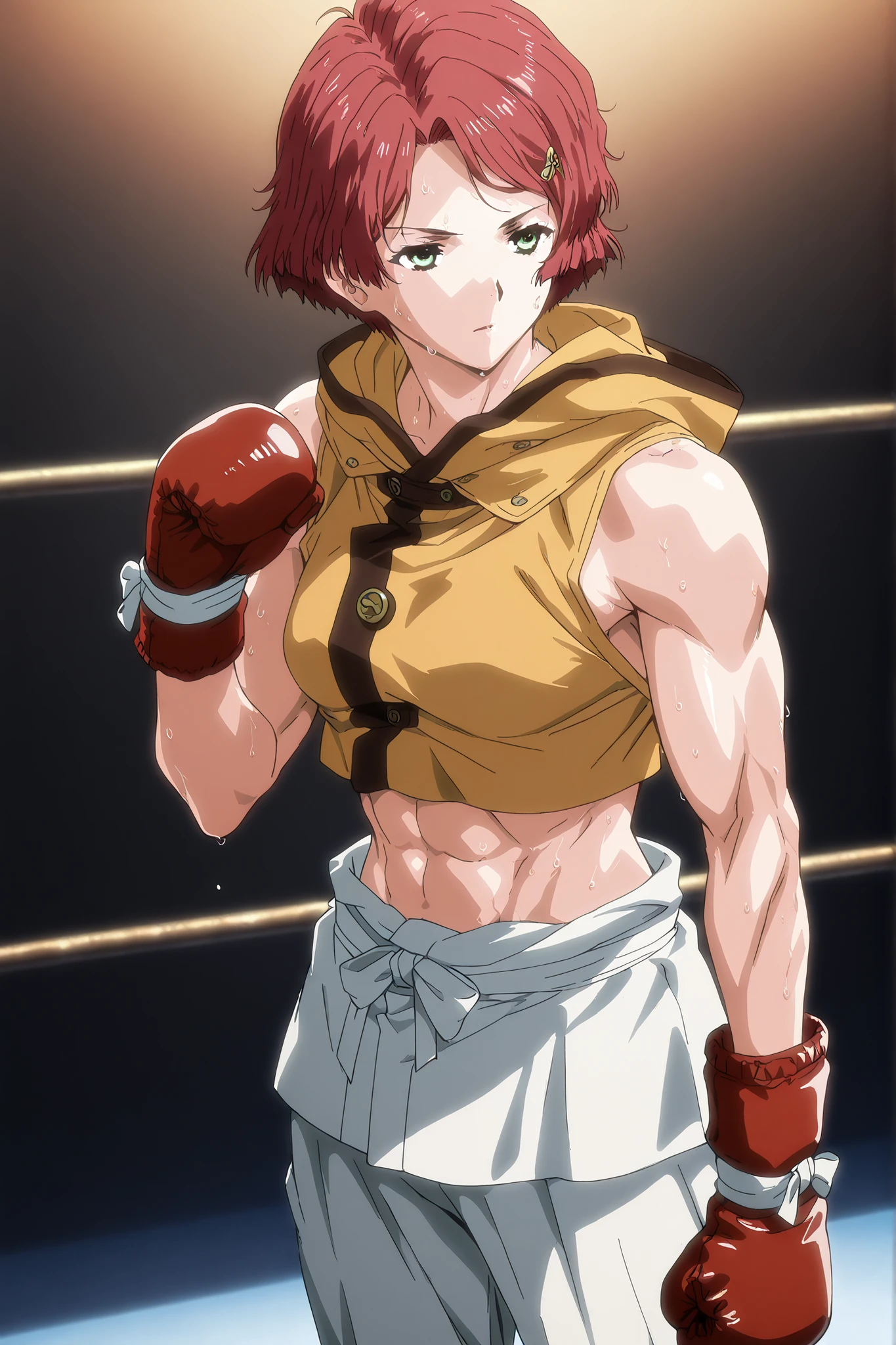 1girl, solo, young mature, yukinakabaneri, green eyes, short hair, red hair, slender, muscle, boxing gloves, sleeveless hoodie, boxing stance, white pants, breasts, midriff, abs, sweating