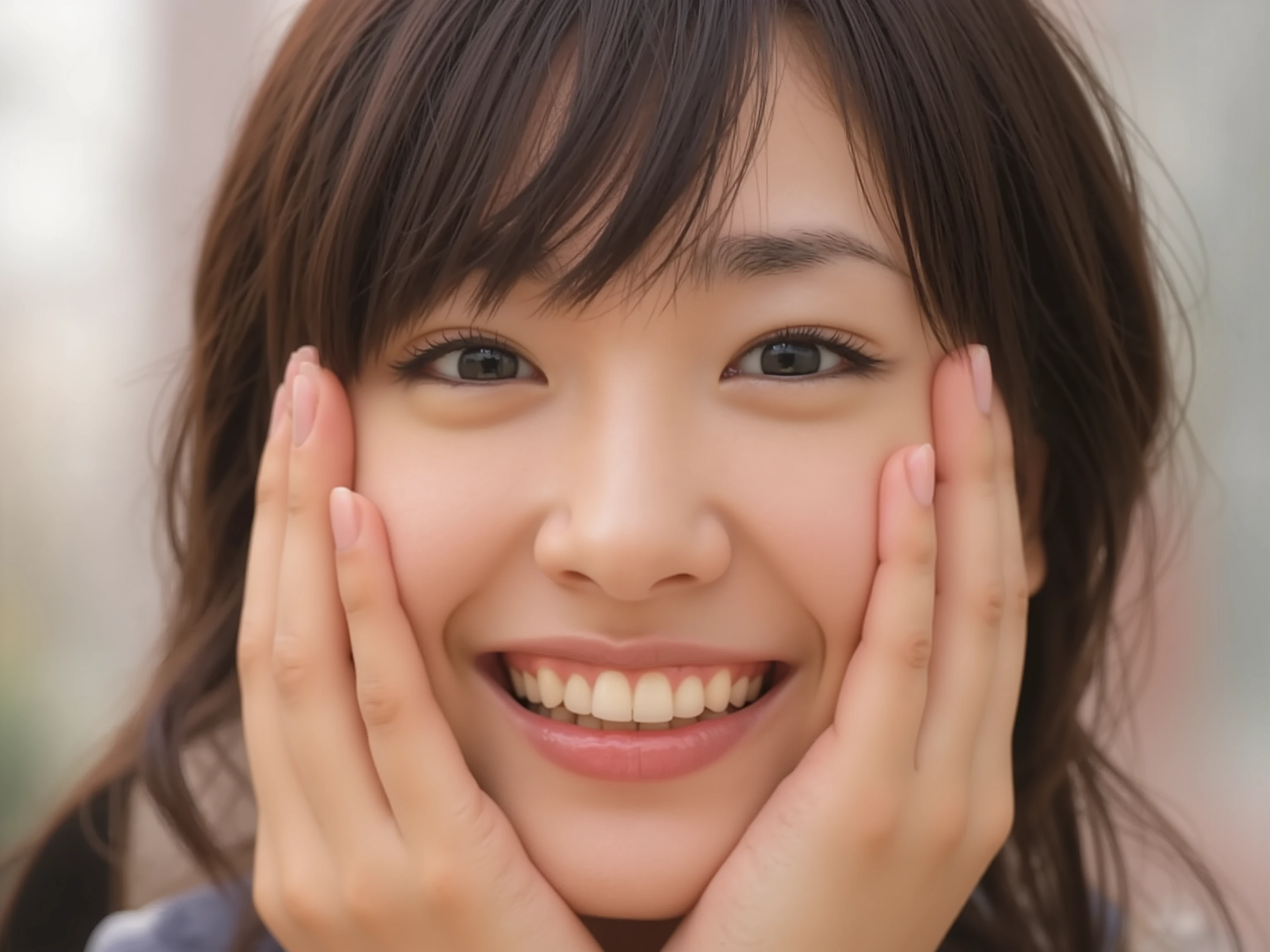 (Refined from an old photo, recreated in a modern, ultra high-quality photorealistic style, 
with a trendy Reiwa-era hairstyle: soft semi-long hair with natural waves and airy see-through bangs),

Ultra photorealistic close-up portrait of a beautiful Japanese woman, 
upper-body composition, wearing a black outfit completely out of frame (not visible), 
shoulders and collarbone softly exposed, 

both hands gently pressing her cheeks in a shy, lovestruck pose, 
sparkling eyes gazing dreamily at the viewer with overflowing affection, 
cheeks blushing deeply with a sweet warm glow, 
soft glossy lips curved into a bright, lovestruck smile, 
expression melting with love — playful, bashful, dreamy, and adorably affectionate, 

realistic skin with detailed pores, natural uneven tones, and tiny imperfections for realism, 
soft peach fuzz visible, smooth and refined texture, 
clear and smooth skin without any blemishes or moles, 
beautiful even skin tone with a healthy, luminous glow, 

hair rendered with fine individual strands, slightly tousled flow, natural matte shine, 
soft diffused cinematic lighting with natural depth, 
pure white blurred background for an intimate, clean atmosphere, 

(masterpiece, best quality, ultra photorealistic, high resolution, 
intimate romantic close-up, cinematic magazine cover style)
