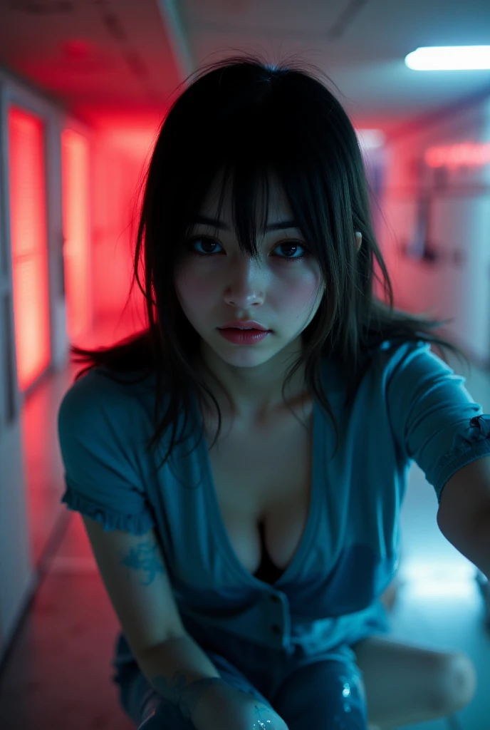 (Photographed through a fisheye lens:1.75) (overhead shot) (pov) highest quality, face focus, (Depth of the bounds written) ,ultra high resolution, (realistic:1.4), Raw photo, (portrait:1.4)(wear blue messy Mechanic's uniform and white lace tank top:1.7)1 japanese girl, alone, cute, open mouth,shocked, (brown eyes), natural face, (blow short length hair) (in a dark mist hole background)  (falling) (At night) (erotic, enchanting atmosphere:1.55)