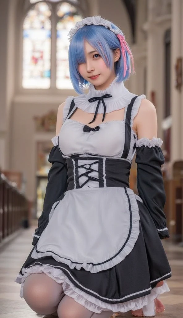 Accurate depiction with high resolution,(8K, Photorealistic, Raw photo, of the highest quality: 1.3), (1girl in), Super beautiful, (Realistic face), (boyish, pink Color Berry Shorthair), Beautiful , Glare that captivates the viewer, Beautiful expression, Beautiful breasts, (Realistic skin), Be...Create a detailed and colorful image of Ram and Rem from Re:Zero, standing back-to-back in their maid outfits, with a magical fantasy background、14years old, two girls,cute, perfect face, beautiful, nice body, gothic lolita clothes, gothic lolita fashion, frilly skirt, headdress, necklace, bracelet, knee-high socks, boots, double eyelids, tear bags, Detailed down to the fingers, photo-like description, indoors, dim indoor lighting, one girl is pink hair and short bob, another girl is light blue hair and short bob,standing,whole body, composition that shows the whole body, smiling,The Both of them are wearing the same type of maid outfit,Optimal ratio of 4 fingers and 1 thumb,walking