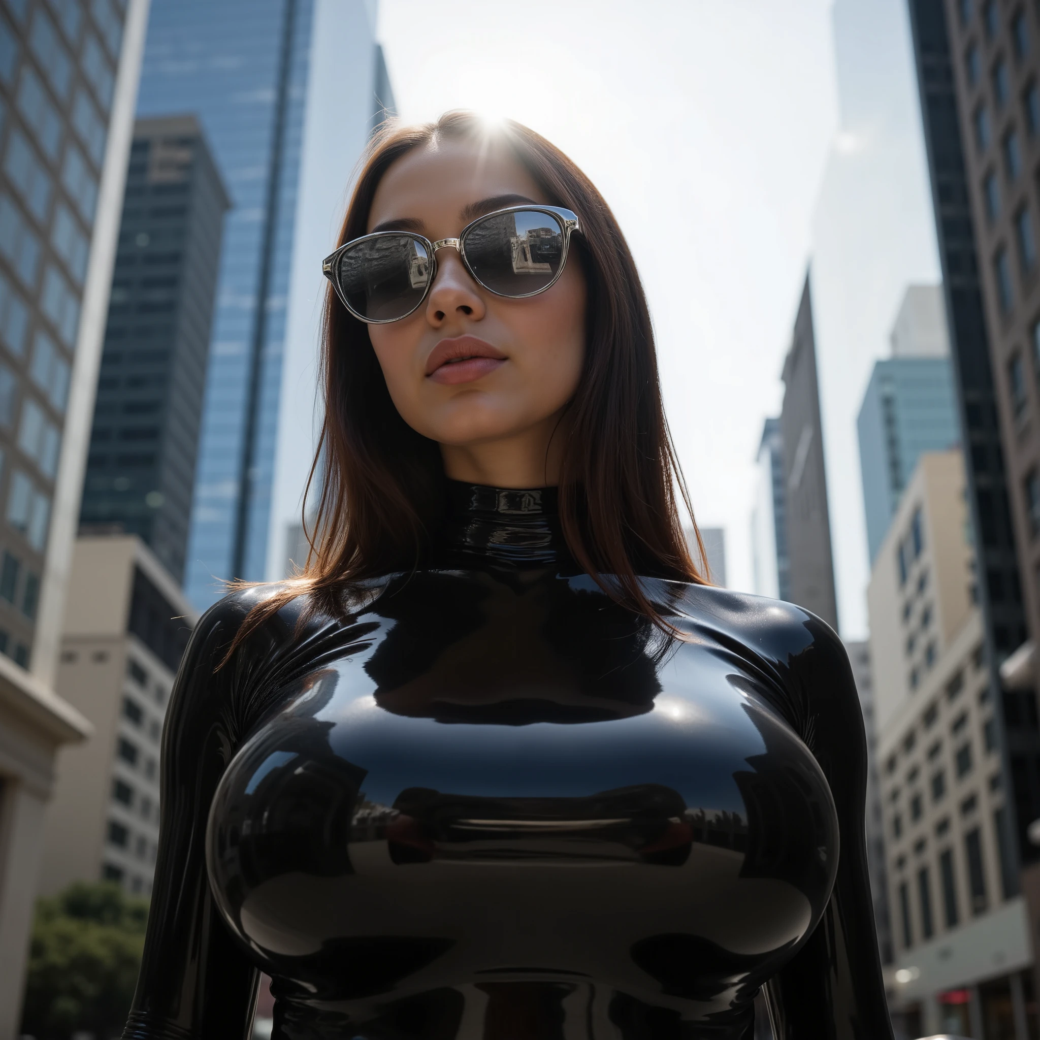 Masterpiece photorealistic belowview close up portrait of a slim young fullbreasted Mexican woman wearing a closed highnecked sleek shiny black latexsuit and ((((completely silver reflective sunglasses with silver frame)))), standing brightly illuminated by warm clear evening light, casting deep shadows inside a modern city with glass-facade skyscrapers. Hyper detailed, UHD, 16K