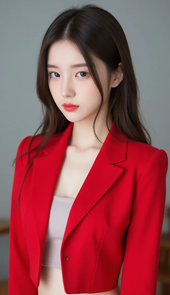 (A hyper-realistic), (illustratio), (hight resolution), (8K), (ighly detailed), (The best illustrations), (beatiful detailed eyes), (top-quality), (ultra-detailliert), (​masterpiece), (wall-paper), (detailed face), droopy eyes,full of sweat, full body, long legs,Armpit,short-hair,inner colored,solo, big breast, cleavage, japanes, Colossal tits、A smile, wearing red blazer, red short skirt, office uniform, Tokyo street