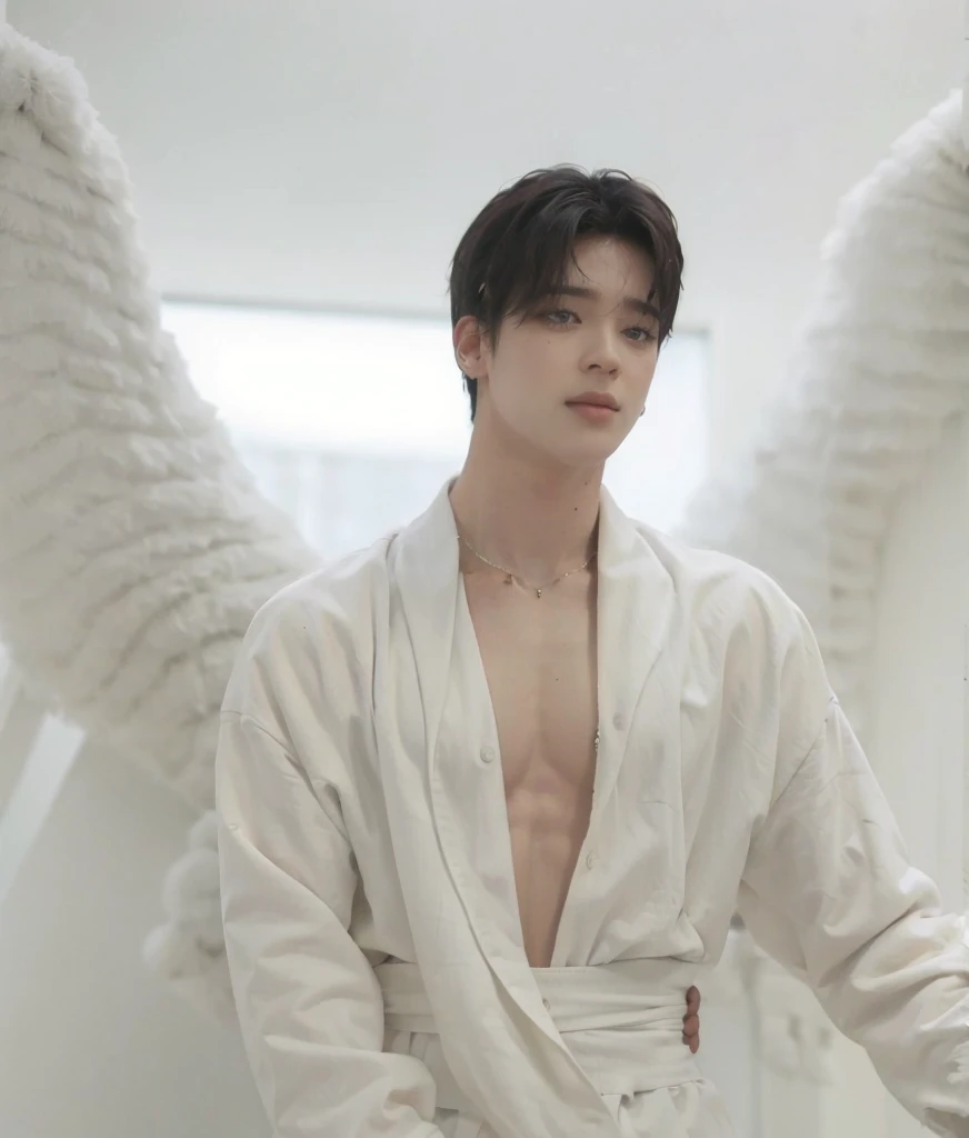1 boy,xiaozhan,sitting,jacket,wings,pants,indoor,halo,feathers,large environment red,semi-nude upper body,angel,candle,prayer,white feather Film lighting,strong contrast,high level of detail,best quality,masterpiece,white background,solo,smile,gloves,