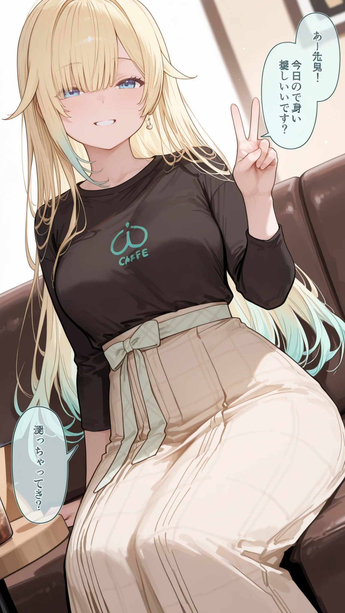 Outfit (Long Skirt, long sleeve t-shirt, without earrings), Pose (sitting on Put your hands on the couch, Smile Yan, peace sign), place (cafe, Put your hands on the couch), viewpoint (female close-up angle), High Quality face, Aizawa Ema, Blue Eyes, long hair, High Quality eyes, High Quality hands, High Quality ears, two-tone hair color, Blonde, pale blue hair, one girl, girl solo, high resolution, High Quality, Japanese dialogue, uncensored, Adult Female