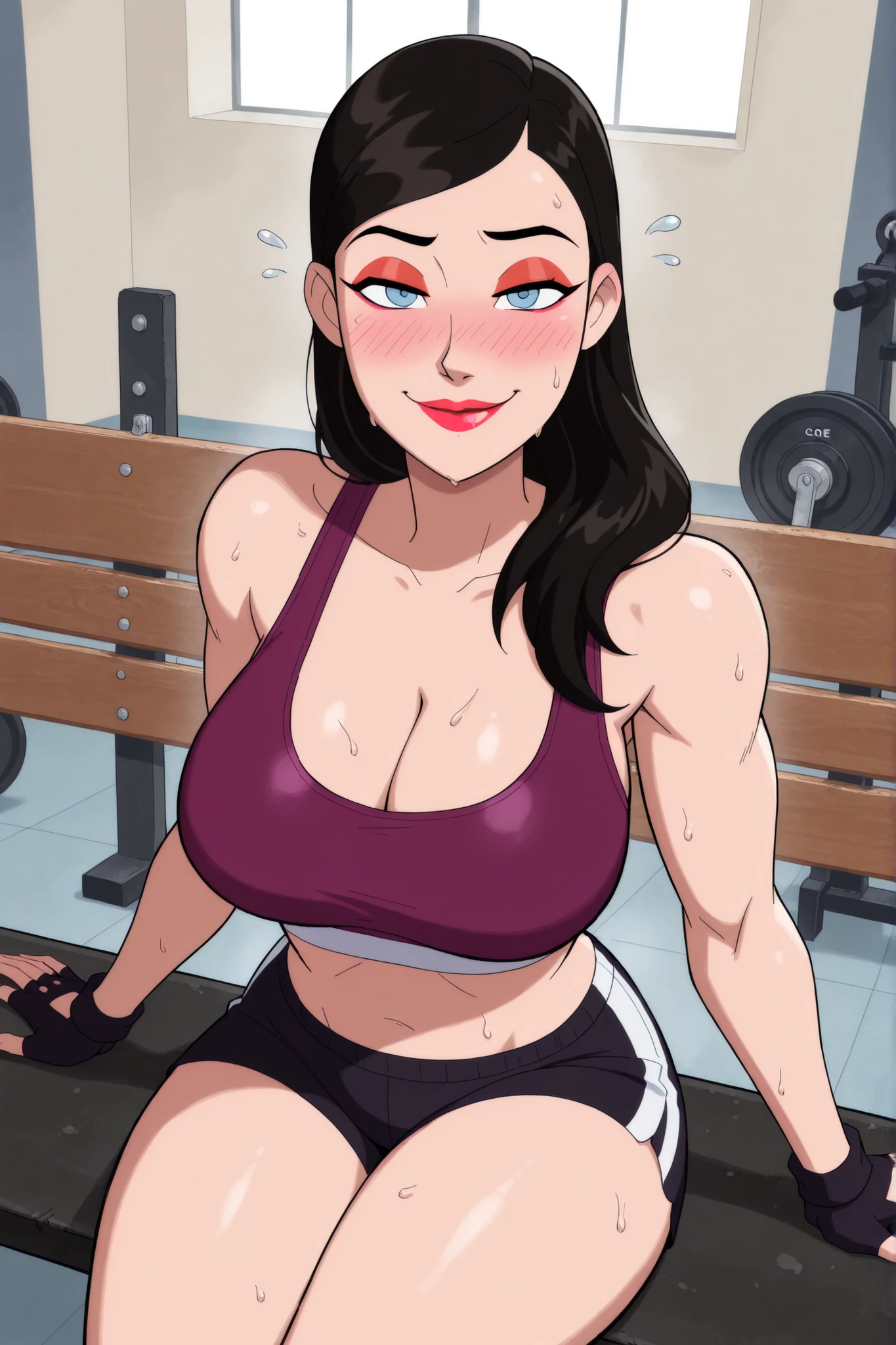 BREAK, score_6_up, score_7_up, score_8_up, score_9, 1girl, solo, loislane, black hair, long hair, makeup, lipstick, blue eyes, large breasts, cleavage, curvy, athletic, looking at viewer, seducing viewer, teasing viewer, smiling, closed mouth, seductive expression, bedroom eyes, busty, purple sports bra, black gym shorts, purple fingerless gloves, indoors, gym, sitting on bench, portrait, closeup, upper body, high-angle view, red eyeshadow, sweaty, sweat drops, blushing