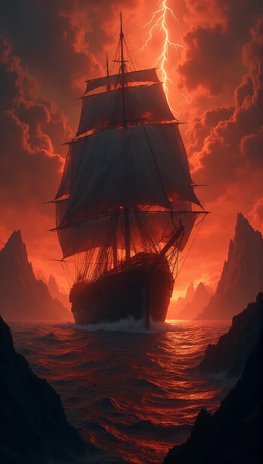 Night time, a ancient marchent ship , sailing, crimson moon ,red cherry trees, river ,high tide,rock, calm, mesmerizing view, moonlight scenary,mesmerizing view,,digital painting,wind up,concept art, illustration,((light red theme))