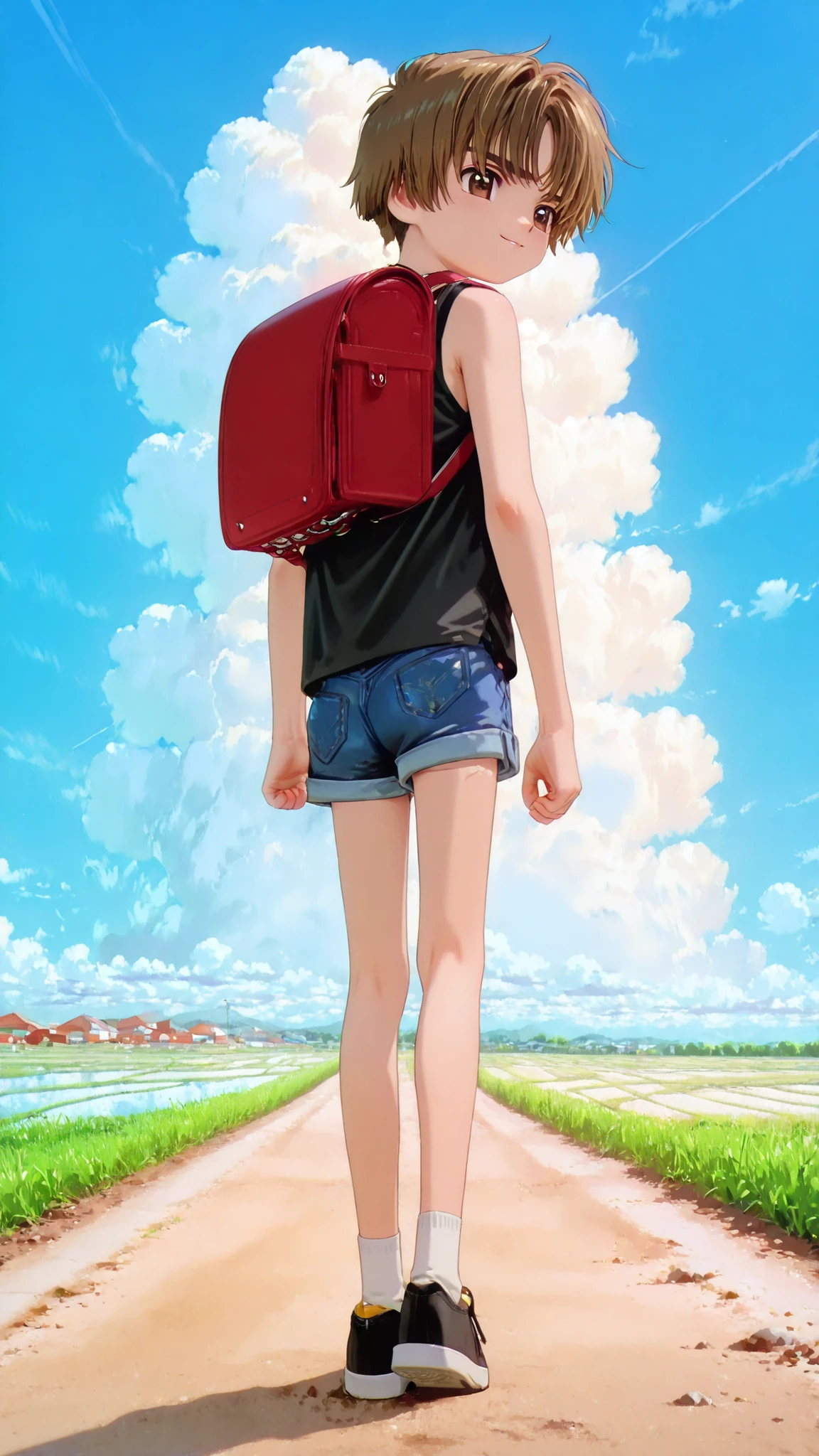 (Masterpiece: 1.2), 4k, (Highest quality, High resolution, High detail), 1 Boy, Solo, ((Li Xiaoran)), (Young boy), ((Elementary school student)), (Randoseru), Short brown hair, (Big detailed brown eyes), (Cleft lip, Perverted smile), (Black sleeveless baggy tank top shirt), ((Short tight denim shorts)), Bare legs, Socks, Sneakers, Full color, (Perfect lighting, Cinematic lighting), (Looking at viewer), Dynamic walking, ((Diagonal frontal shot, Full body shot)), Perfect anatomy, (Background: Blue sky, clouds, Summer country dirt road with water-filled rice fields), (Detailed background, Detailed shading),