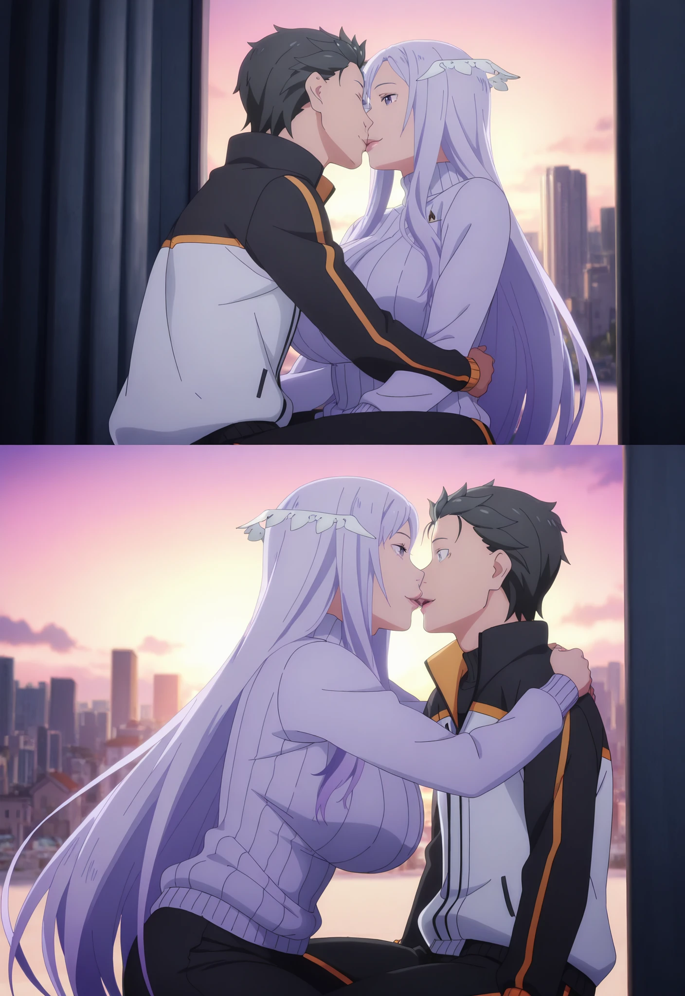 anime screencap, anime coloring, detailed background, screencap, quinella, 1girl, adult female, long hair, light purple hair, purple eyes, glamorous bodies, attractive bodies, big Curvy, Slutty, Neat, huge breasts, thick thighs, Toned thighs, ((black turtleneck sweater, black pants,)), Lips, ((turtleneck sweater, black pants,)), 1boy, couple, husband and wife, happy, romantic kiss, passionated kiss, hug, adult male, natsuki_subaru_locon, black hair, grey hair, jacket, natsuki subaru, track jacket, being a lovey dovey couple very affective in a beach, realistic, photorealistic, detailed shadows, realistic shadows, pullover, love , happy, 1girl, sitting, standing, french kiss, kissing, 1boy, couple, husband and wife, happy, hug, city, Filipino, Sunset,