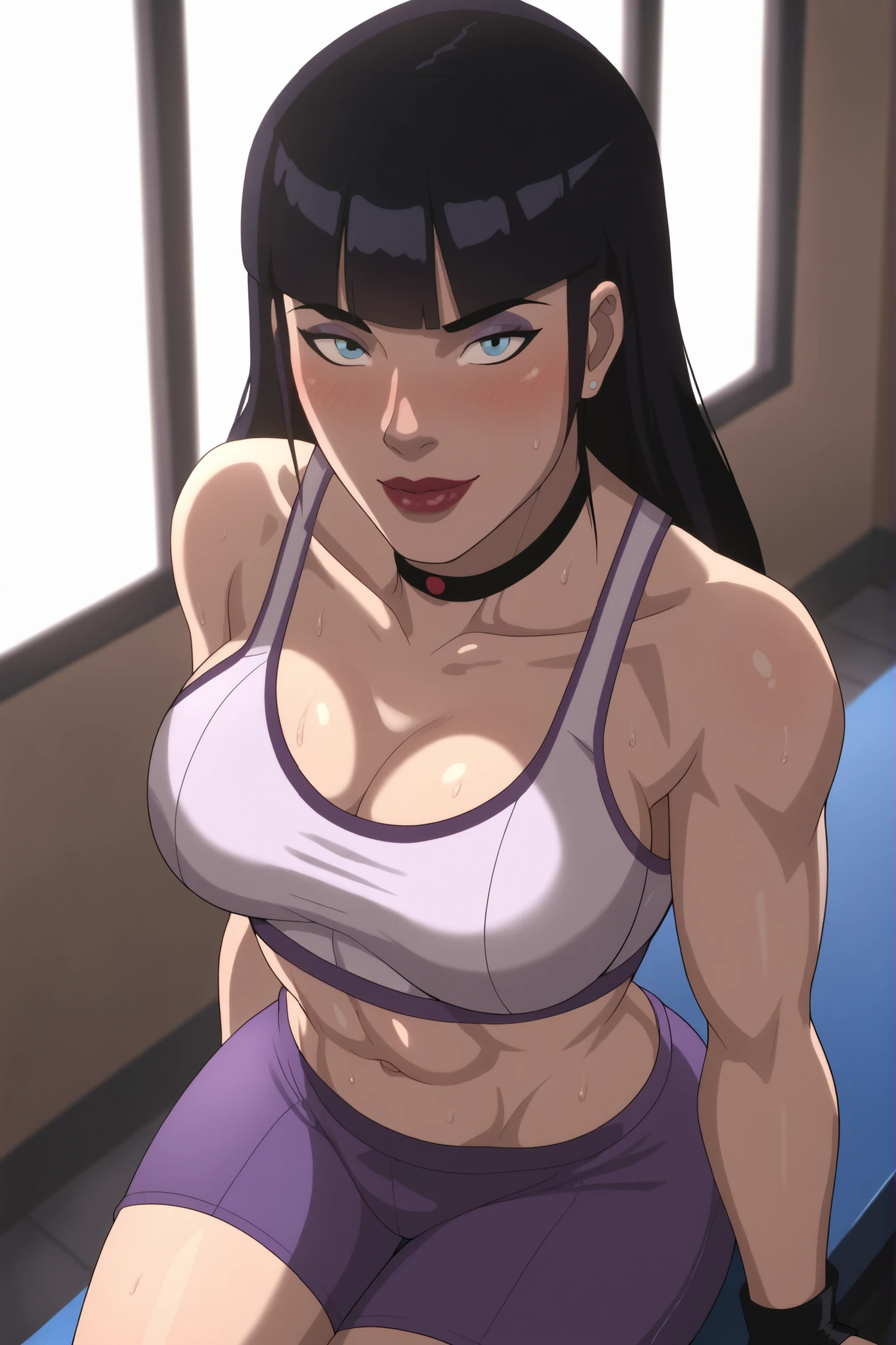 BREAK, score_6_up, score_7_up, score_8_up, score_9, zatannadark, 1girl, solo, black hair, long hair, , blue eyes, cleavage, blunt bangs, curvy, athletic, lipstick, makeup, ((looking at viewer)), seducing viewer, teasing viewer, smile, closed mouth,  expression, bedroom eyes, busty, lavender purple sports bra, lavender purple gym shorts, lavender purple fingerless gloves, sitting on bench, gym, indoors, high-angle view, dark purple eyeshadow, closeup, portrait, upper body, midriff,  shoulders, sweaty, sweat drops, blushing 