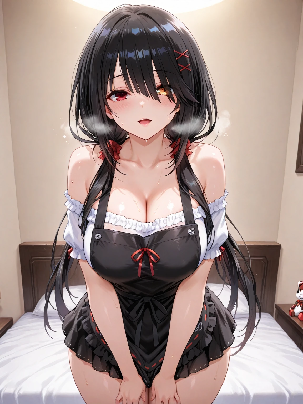 (masterpiece), best quality, expressive eyes, perfect face,Anime girl,15 years old girl,houraisan_kaguya,(half closed eyes),(turime),((seductive smile)),enjoy,(open small mouth),((gothic lolita)),((little black dress)),Lace,red ribbon,hair ribbon,NSFW,((cleavage)),((off shoulder)),((strapless))one girl,((black hair)),Extra Long Hair,wave hair,((red eyes)),((shining eyes)),masterpiece,best quality,large breasts,Anime,((cinematic lighting)),((hime_cut)),at midnight,perfect finger,,((vaginal sex)),missionary position,vaginal ,((1 man and 1girl are having sex)),lie on one’s back,sleeping,overhead shot,((fat man))