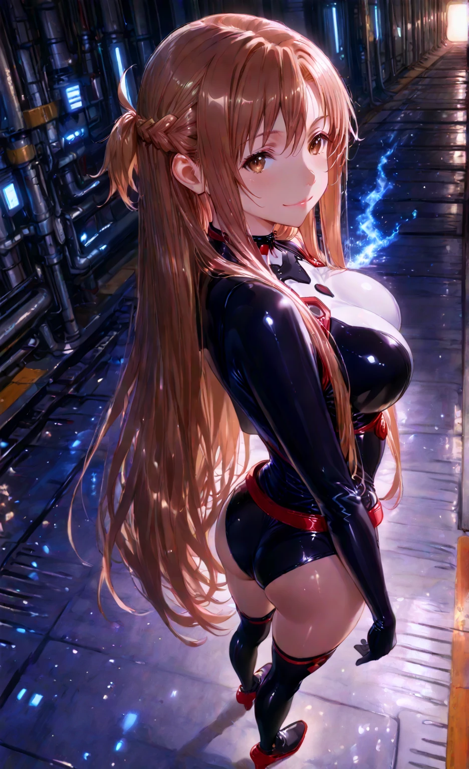 highest quality、All limbs、full finger、((one beautiful woman、solo))、((Woman with red hair))、long hair、ponytail、big breasted woman、(((Red high neck leotard with zipper:1.4)))、((No sleeve))、bare hands、big smile、(((brown pantyhose)))、hands on hips、living room、night、indirect lighting