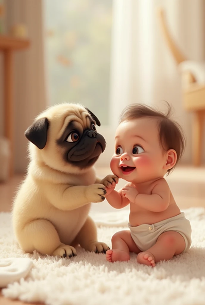 Create a video of your Pekingese wearing maternity clothes holding her little puppy wearing baby clothes like humans do, realistic, real, high definition details, full picture like real