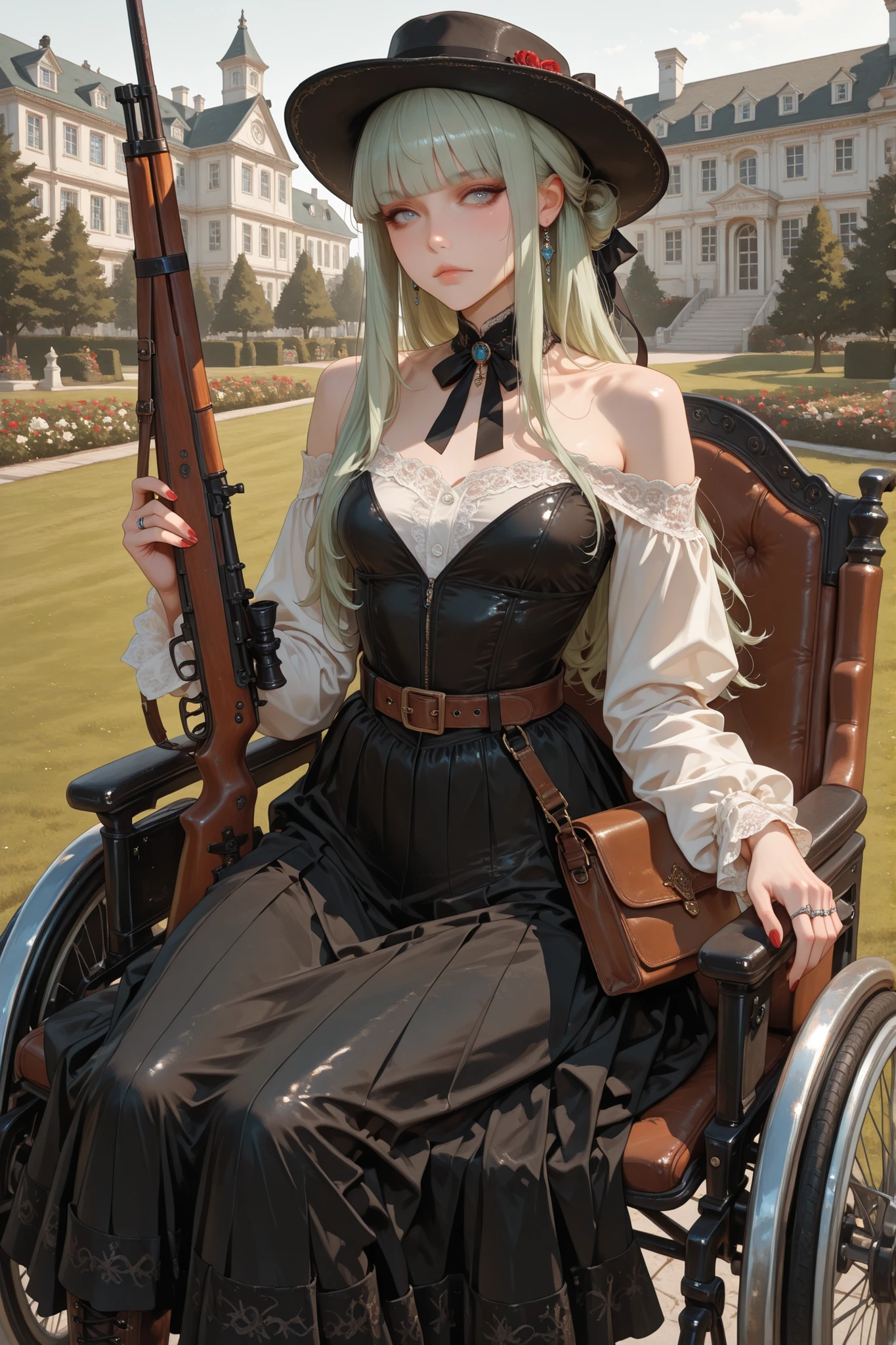 brown skin, score_9, score_8_up, score_7_up, score_6_up, score_5_up, score_4_up, Label 1, Label2, quality_masterpiece, Anatomically correct, beautiful face, perfect face, Beautiful and highly detailed face, sexy Attractive face , Detailed Face, Delicate Facial Features, detailed ,Very detailed & Beautiful and dazzling eyes, long hair, rosy lips, rosy cheeks, very pale, wheelchair, small breasts, gothic dress, young woman, teen, blue eyes, sitting, bangs, hime cut, red nails, jewelry, serious, off shoulder, diamond jewelry, ashen hair, black dress, light green hair, olive hair, diamond rings, victorian fashion, victorian era, off-shoulder neckline with lace trim, Outdoor attire, victorian fashion, victorian era, khaki riding jacket, fitted waistcoat, cotton blouse, long practical skirt with front pleats, leather belt, high laced boots, gloves, wide-brim hat with ribbon, canvas satchel, hair tied back neatly, minimal jewelry, refined yet practical, adventurous, elegant, upper-class travel wear, garden, mansion garden, mosin nagant, rifle, holstered rifle, mosin nagant rifle