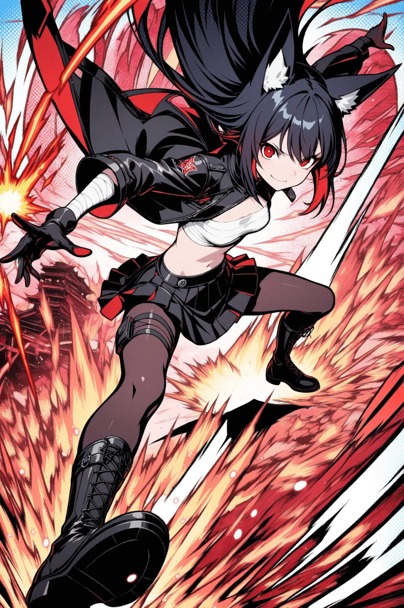 (masterpiece, best quality, clean cel-shaded pop-anime style, bold crisp linework, high saturation, dynamic pop-action poster vibe, flat shapes, simplified geometry, clear silhouette, sticker-like cutout edges, halftone dots, minimal soft shading)
Akakitsune, a fierce and stylish warrior girl with long flowing black hair and fox ears, leaps through the air mid-battle; her sharp red eyes gleam with determination as her bandaged arm swings forward, glowing energy trailing from her strike; her outfit: white sarashi top, open black-and-red Japanese jacket, black pleated mini skirt, bandaged legs, black gloves, pantyhose, and sturdy black boots; motion lines and halftone bursts radiate around her, emphasizing impact and speed; background: pop-inspired stylized battlefield with abstract red and gold brush streaks, floating kanji motifs, and splashes of light; palette: black, white, red, gold, cyan highlights; effects: halftone impact burst, glowing motion trails, spark particles, dynamic perspective; lighting: hard rim light, glossy highlight edges, faint bloom on weapon trails; mood: energetic, cool, and fiercely pop-stylish