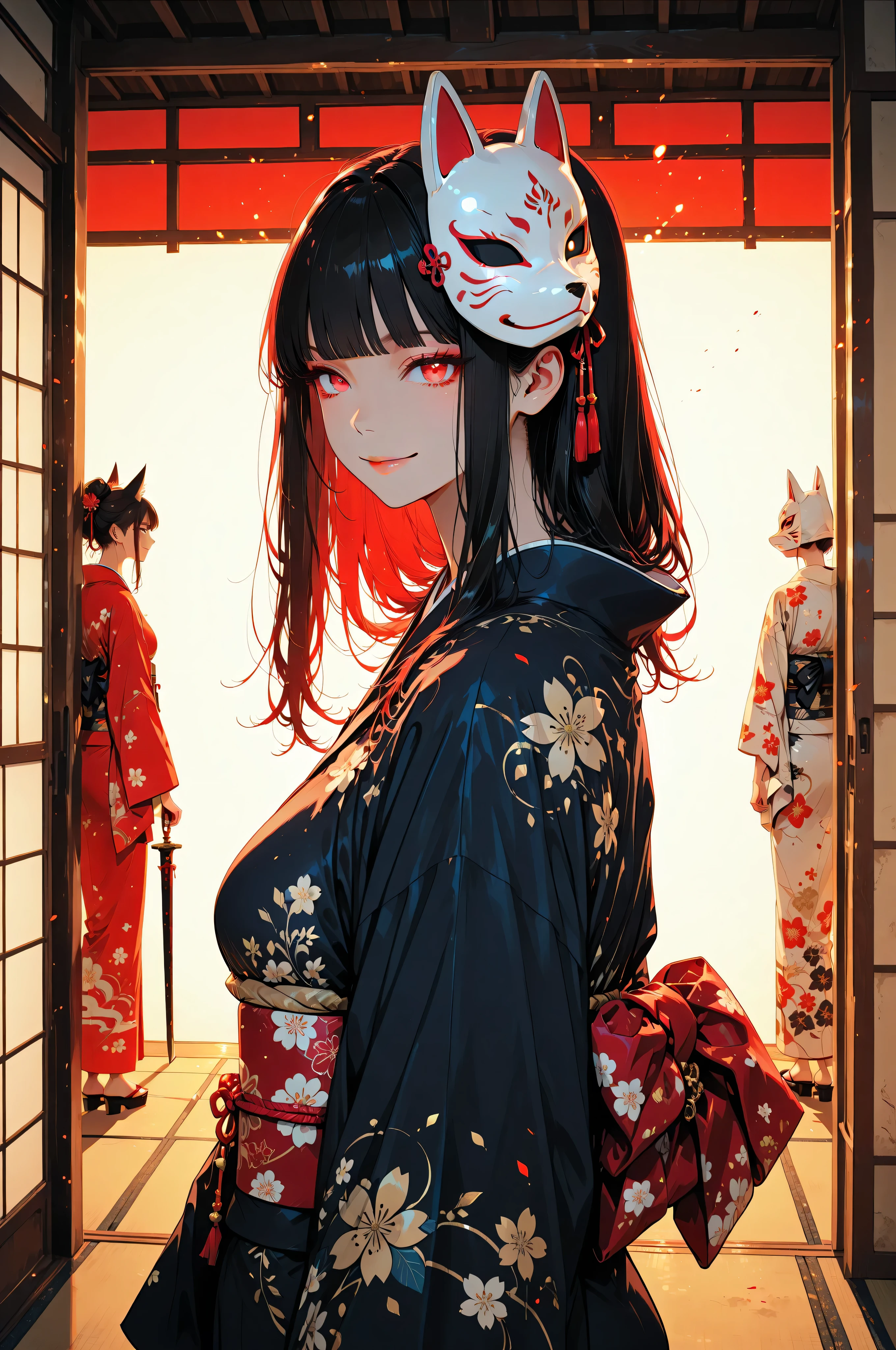 highschool girl wearing kimono, fox mask, red eyes, mysterious smile, dim lighting