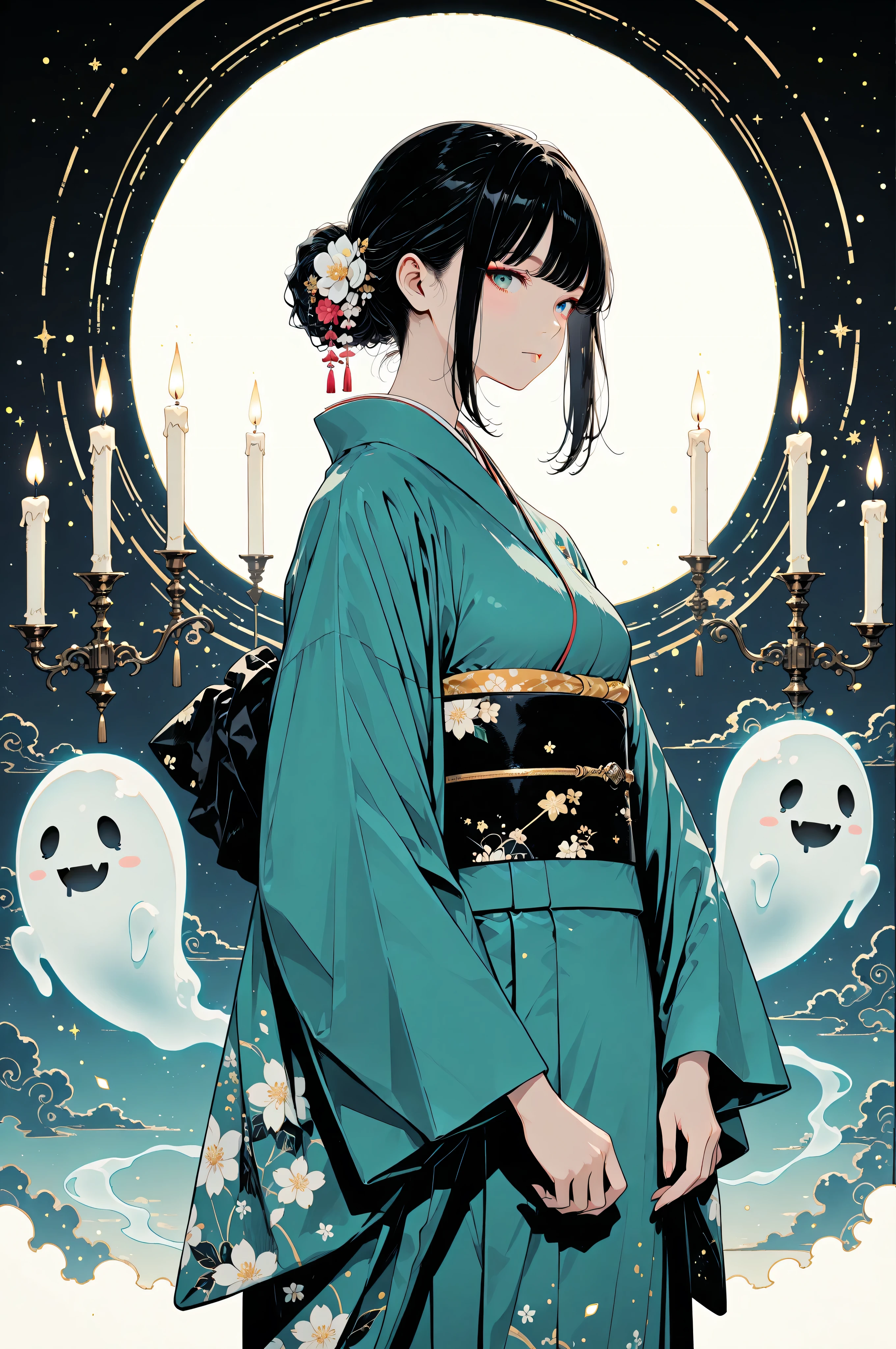 schoolgirl ghost, elegant, kimono open slightly, floating candles