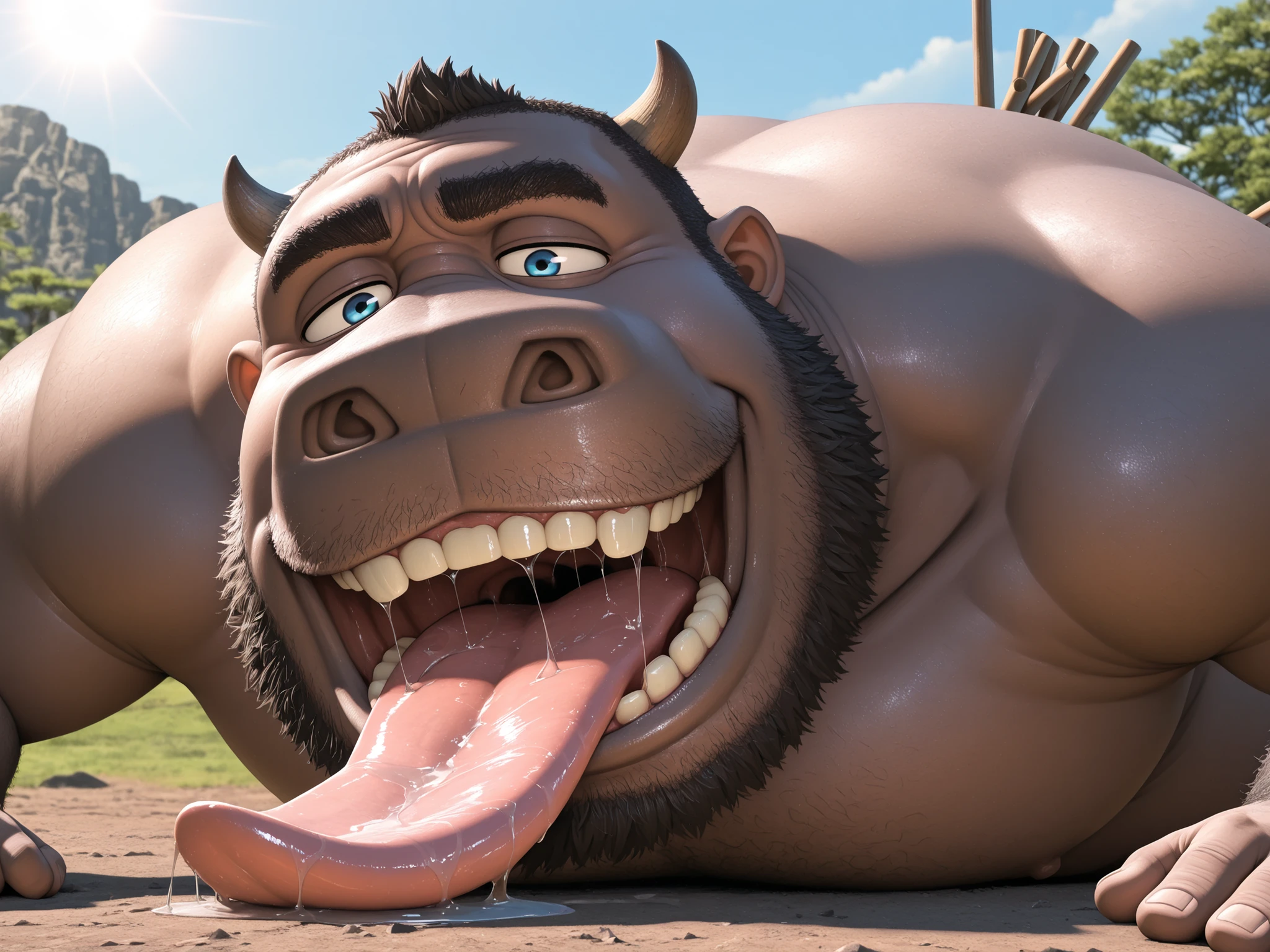 hairy, Gorilla pig, has horns，chubby,  thick arms ， strong muscles ，chubby face， Black eyebrows，sky blue eyes，beard， ironic smile ,   chest and belly  ,  ，lie down， Sunlight ,    opens its big mouth and sticks out its thick and wide tongue,  tongue with a lot of saliva, Open your mouth huge   ,    there's a lot of saliva in your mouth  , Open your mouth huge   ,  sticks out all his tongue  ,  your tongue is big and covered with saliva ,   he has too much saliva in his mouth   , abre su boca gigante y  sticks out all his tongue   ancha,  your tongue is huge and too wide  ( imagen 4k) ( imagen 3D) ( hombre ingresa su cabeza dentro de la boca del gorila)