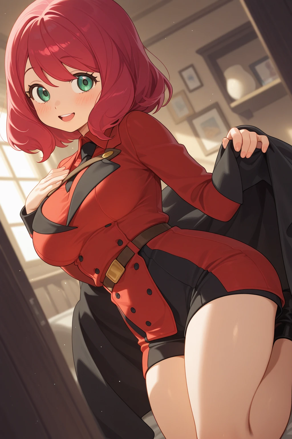 female, green short hair with red highlights, green eyes, (((1girl))), (((red gothic dress with green trim))), (black fingerless gloves), (red witch's hat with black trim), (black belt), (white stockings), (brown boots), cute and , full body, modest , modest , long legs, smiling