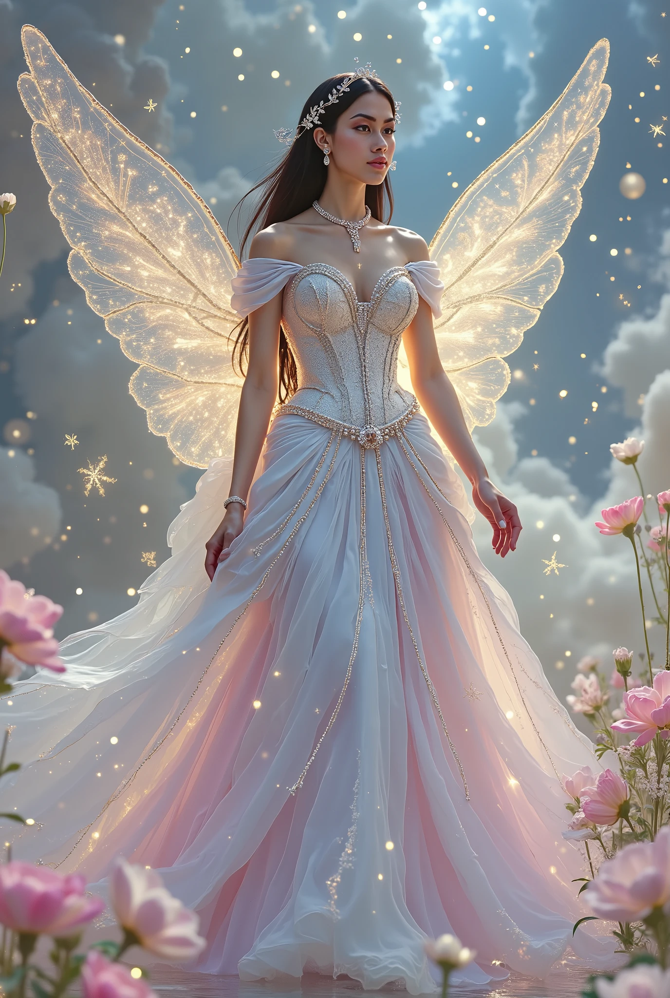 A divine celestial goddess stands in a dreamlike ethereal space, wearing an exquisite off-shoulder gown that glows with an otherworldly light. The bodice is a delicately sculpted corset, adorned with silver and gold celestial patterns, embedded with shimmering crystals that resemble stars. The elegant off-shoulder design features sheer, flowing fabric draped over her arms, embroidered with tiny glowing constellations, giving her an ethereal, angelic aura.
The gown cascades into a voluminous layered skirt, transitioning from a soft, icy blue at the waist to a luminous pastel pink and lavender at the hem. The fabric is light, translucent, and infused with shimmering stardust, floating as if weightless. Large, delicate silk flowers in pale pink and white bloom along the bottom of the dress, resembling celestial lotus petals. Each step she takes leaves a faint trail of cosmic light behind her.
Her long, flowing raven-black hair is adorned with silver crescent moon hairpins and delicate glowing lotus ornaments. Her luminous porcelain skin glows softly, and her deep celestial eyes reflect the vastness of the cosmos. Behind her, subtle ethereal wings made of pure celestial energy extend outward, resembling glowing butterfly wings or a soft nebula pulse.
The background is a mystical celestial palace, floating amidst glowing orbs of light. The sky shimmers with swirling galaxies, and golden calligraphic symbols float gently in the air, forming ancient celestial runes. The atmosphere is serene yet powerful, capturing her divine elegance and grace.