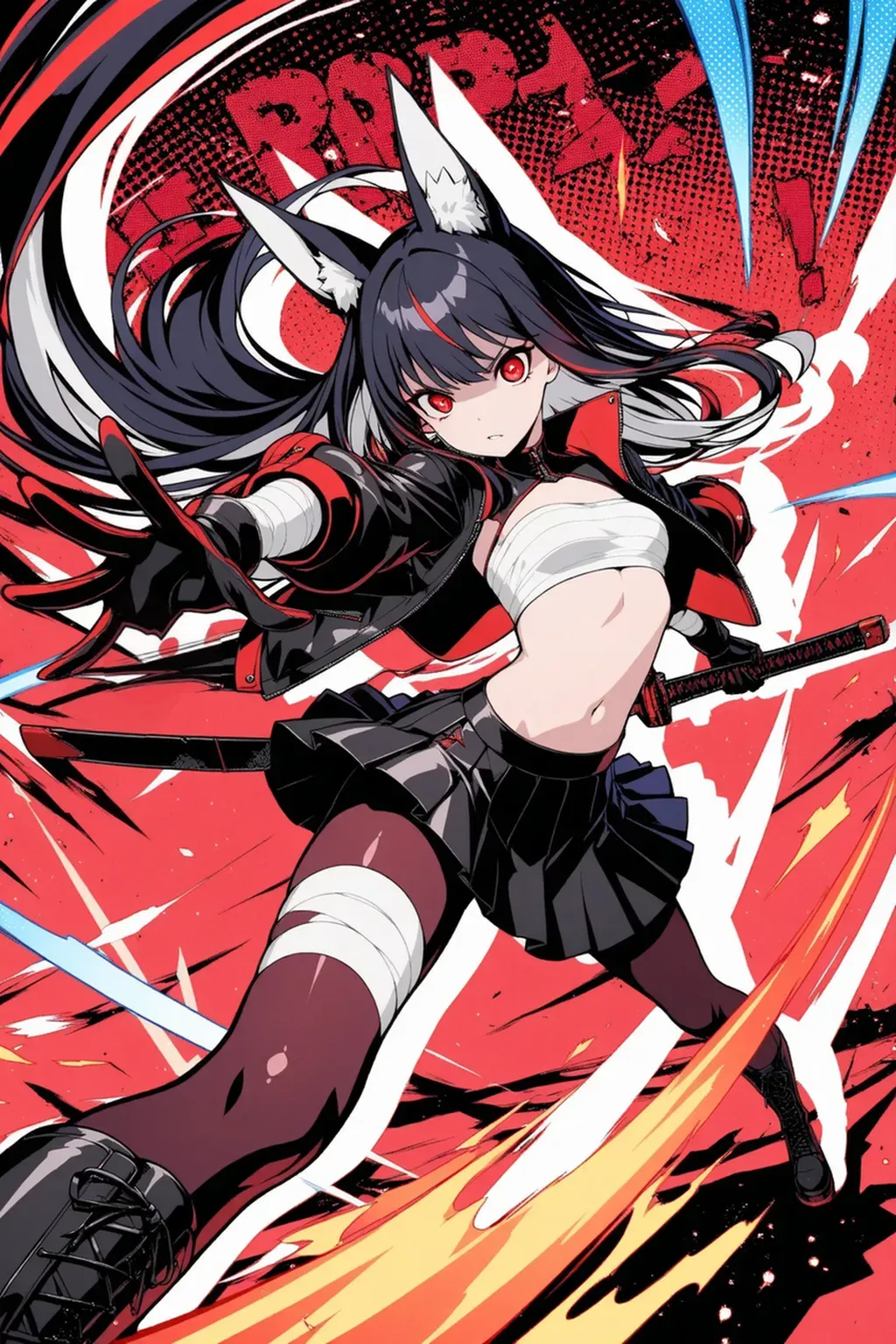 (masterpiece, best quality, clean cel-shaded pop-anime style, bold crisp linework, high saturation, dynamic pop-action poster vibe, flat shapes, simplified geometry, clear silhouette, sticker-like cutout edges, halftone dots, minimal soft shading)
Akakitsune, a fierce and stylish warrior girl with long flowing black hair and fox ears, leaps through the air mid-battle; her sharp red eyes gleam with determination as her bandaged arm swings forward, glowing energy trailing from her strike; her outfit: white sarashi top, open black-and-red Japanese jacket, black pleated mini skirt, bandaged legs, black gloves, pantyhose, and sturdy black boots; motion lines and halftone bursts radiate around her, emphasizing impact and speed; background: pop-inspired stylized battlefield with abstract red and gold brush streaks, floating kanji motifs, and splashes of light; palette: black, white, red, gold, cyan highlights; effects: halftone impact burst, glowing motion trails, spark particles, dynamic perspective; lighting: hard rim light, glossy highlight edges, faint bloom on weapon trails; mood: energetic, cool, and fiercely pop-stylish