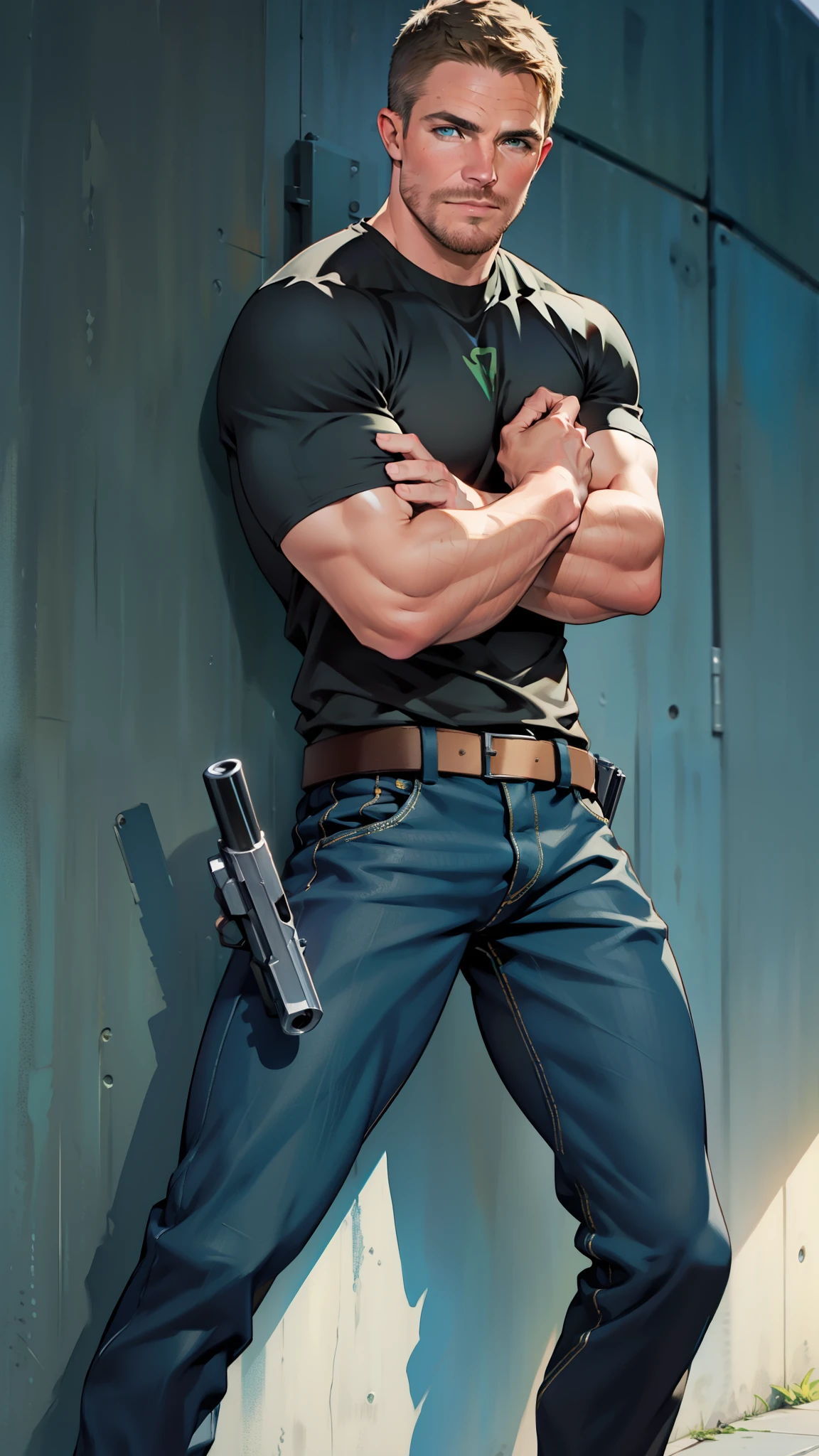 vpl,vpl,1 man, male focus solo,45 yo man, (((Stephen AMELL as private investigator))), lean muscle, open blue shirt, marine blue jeans with brown belt ,( bulge), full body shot, dark blond short hair, BLUE GREEN EYES , well groomed facial hair, (((( HANDS CROSSED , holding TWO guns IN BOTH HANDS LIKE JAMES BOND )))) (((SPREAD LEGS , VERY MANLY APPERANCE ))), ultra high quality, masterpiece, ( ever changing background, blue and white and green arabesques lines in the background)