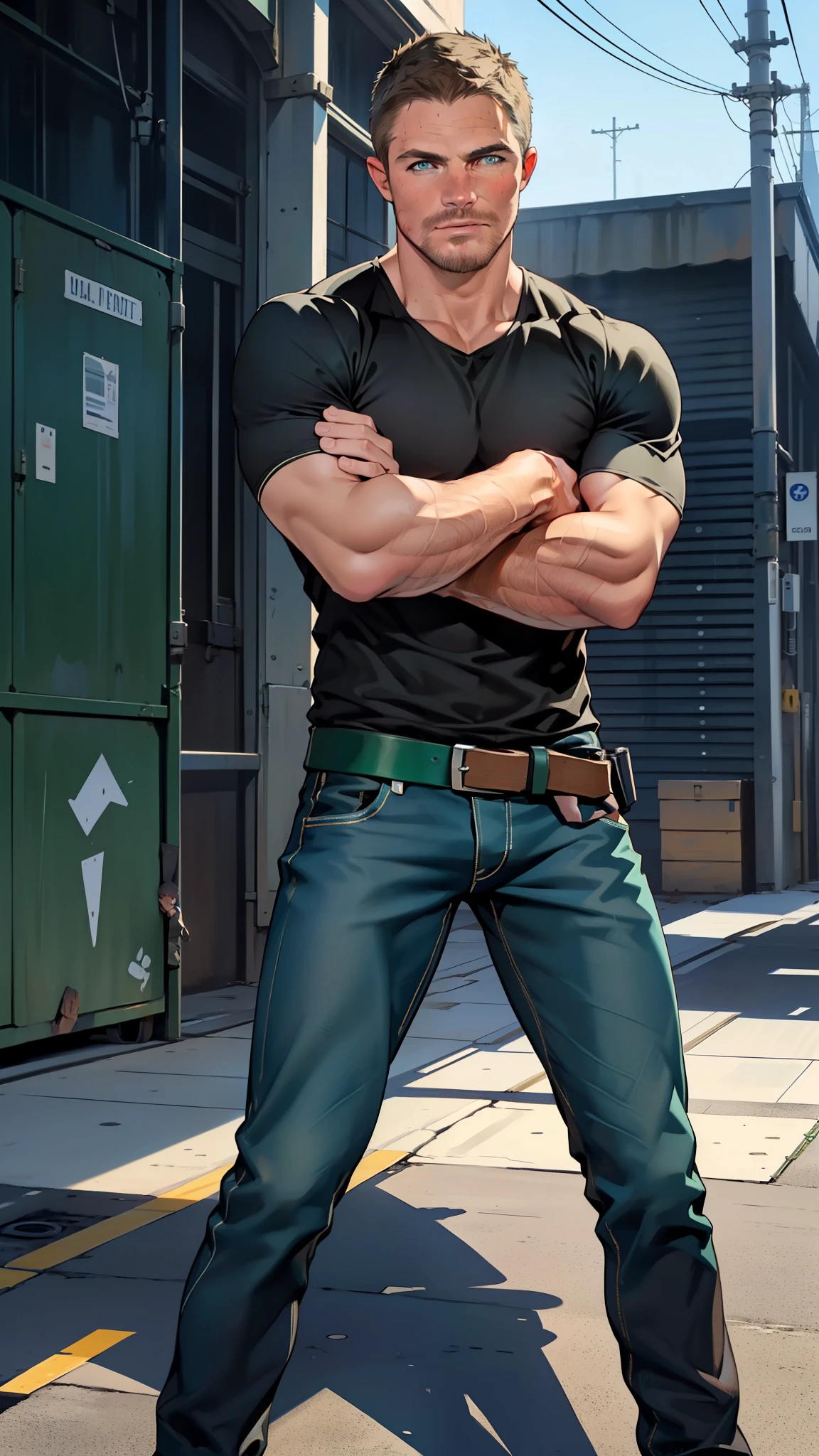 vpl,vpl,1 man, male focus solo,45 yo man, (((Stephen AMELL as private investigator))), lean muscle, open blue shirt, marine blue jeans with brown belt ,( bulge), full body shot, dark blond short hair, BLUE GREEN EYES , well groomed facial hair, (((( HANDS CROSSED , holding TWO guns IN BOTH HANDS LIKE JAMES BOND )))) (((SPREAD LEGS , VERY MANLY APPERANCE ))), ultra high quality, masterpiece, ( ever changing background, blue and white and green arabesques lines in the background)