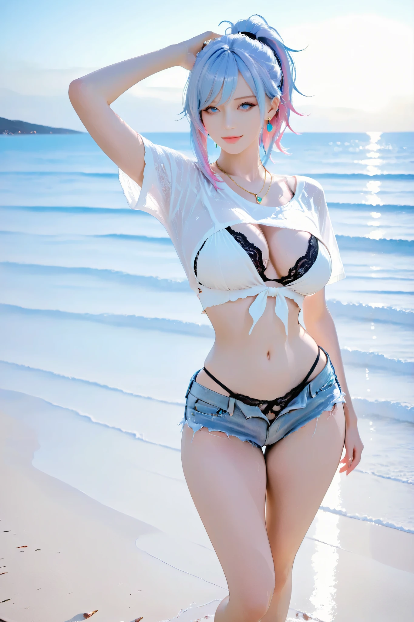 . A two-haired woman with light blue hair, Pink hair color and blue eyes, and wearing a white T-shirt shaped, saw a black lace corset and jeans shorts saw a trouser man in black lace.. , Earrings , Necklace , At the beach, by the sea, headband,ponytail,Horse Hair ,big boobs,big breasts ,หน้าbig boobs, Perfect chest , Perfect round chest,beautiful body , small waist ,Vh ,big hips , Slim legs , Big Butt ,shows navel , proportions, perfect shape , eyeshadow , At the beach, by the sea, Anime Style. 8k, Realistic 3D anime image, Anime Styled 3d, Realistic Art Style , Realistic Art Style, Realistic Art Style, 3D Action Pictures, is inspired by Sim Sajong., Popular in CGStation , Realistic Art Style , realistic three-dimensional character, 3D Anime Realistic ,Dynamic angle,Spectator,Looking straight ahead