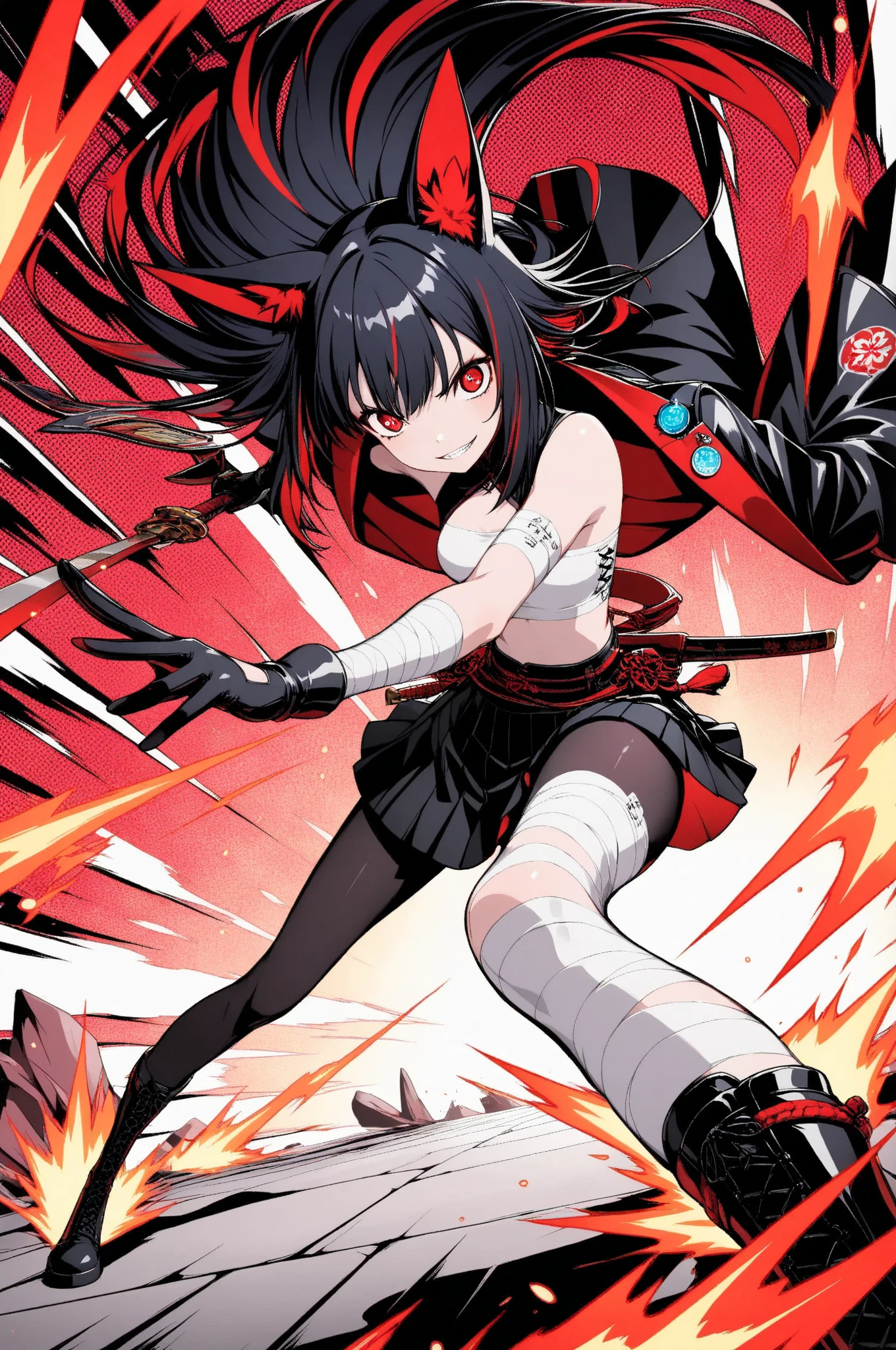 (masterpiece, best quality, clean cel-shaded pop-anime style, bold crisp linework, high saturation, dynamic pop-action poster vibe, flat shapes, simplified geometry, clear silhouette, sticker-like cutout edges, halftone dots, minimal soft shading)
Akakitsune, a fierce and stylish warrior girl with long flowing black hair and fox ears, leaps through the air mid-battle; her sharp red eyes gleam with determination as her bandaged arm swings forward, glowing energy trailing from her strike; her outfit: white sarashi top, open black-and-red Japanese jacket, black pleated mini skirt, bandaged legs, black gloves, pantyhose, and sturdy black boots; motion lines and halftone bursts radiate around her, emphasizing impact and speed; background: pop-inspired stylized battlefield with abstract red and gold brush streaks, floating kanji motifs, and splashes of light; palette: black, white, red, gold, cyan highlights; effects: halftone impact burst, glowing motion trails, spark particles, dynamic perspective; lighting: hard rim light, glossy highlight edges, faint bloom on weapon trails; mood: energetic, cool, and fiercely pop-stylish