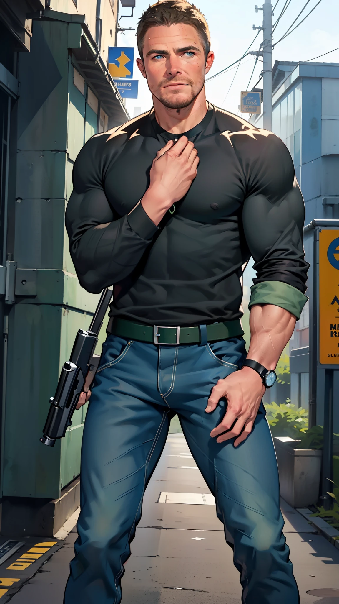 vpl,vpl,1 man, male focus solo,45 yo man, (((Stephen AMELL as private investigator))), lean muscle, open blue shirt, marine blue jeans with brown belt ,( bulge), full body shot, dark blond short hair, BLUE GREEN EYES , well groomed facial hair, (((( HANDS CROSSED , holding TWO guns IN BOTH HANDS LIKE JAMES BOND )))) (((SPREAD LEGS , VERY MANLY APPERANCE ))), ultra high quality, masterpiece, ( ever changing background, blue and white and green arabesques lines in the background)