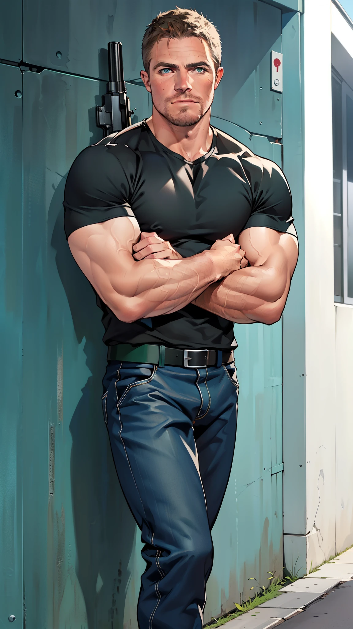 vpl,vpl,1 man, male focus solo,45 yo man, (((Stephen AMELL as private investigator))), lean muscle, open blue shirt, marine blue jeans with brown belt ,( bulge), full body shot, dark blond short hair, BLUE GREEN EYES , well groomed facial hair, (((( HANDS CROSSED , holding TWO guns IN BOTH HANDS LIKE JAMES BOND )))) (((SPREAD LEGS , VERY MANLY APPERANCE ))), ultra high quality, masterpiece, ( ever changing background, blue and white and green arabesques lines in the background)