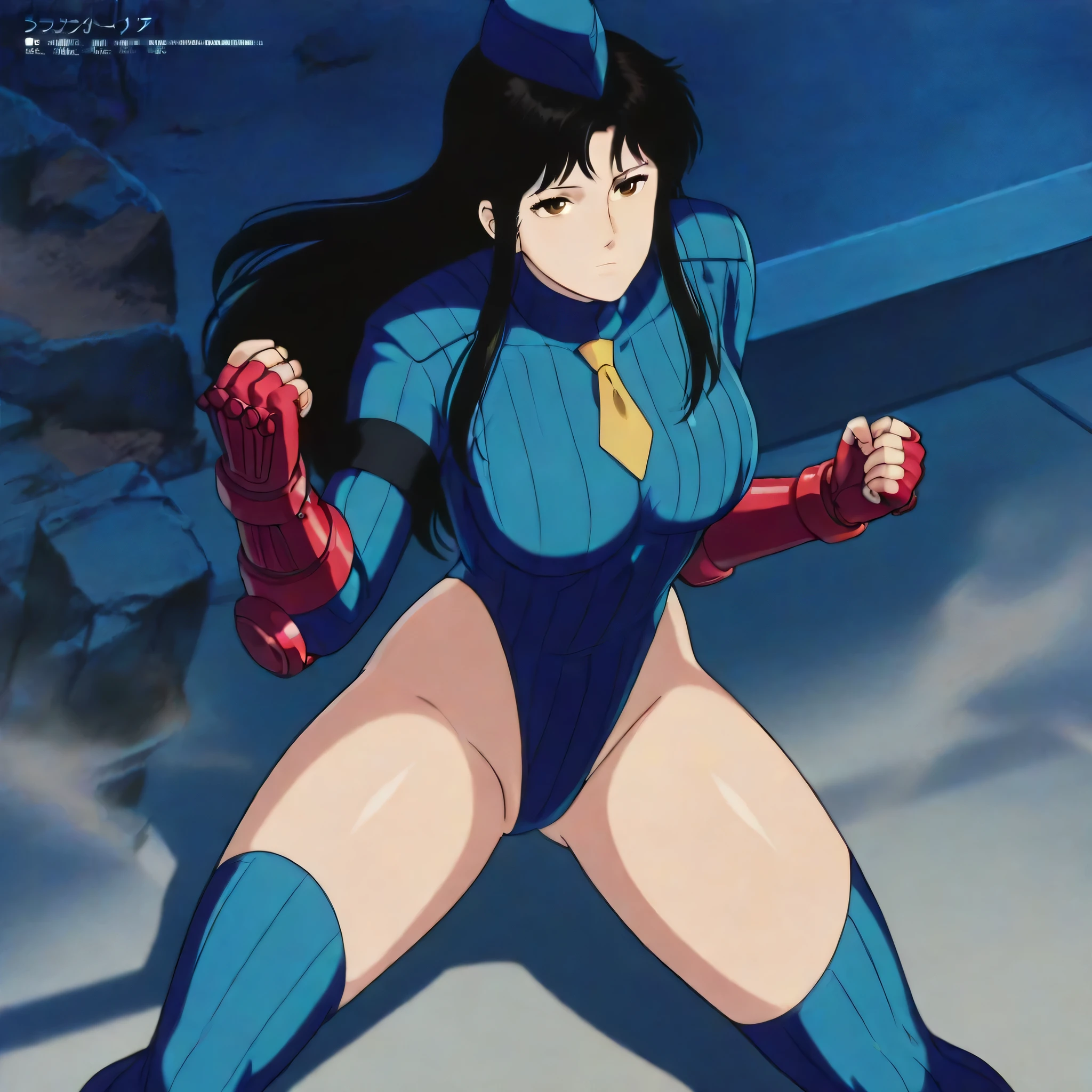 (((Masterpiece))), (((Best Quality))), ((Super Detail)), ultra-High resolution, score_9,score_8_up,score_7_up,score_6_up,score_5_up,score_4_up, BREAK, source_anime, anime screencap, uncensored, Masterpiece, (best shadow), (absurdres), (detailed background), (very aesthetic), shiny, detailed beautiful eyes, outstanding, countershading, detailed soft lighting, an exquisite animation illustration, curvy, shadaloo dolls, red gloves, hat, fingerless gloves, gauntlet, red gauntlet, leotard, cosplay, highleg, highleg leotard, garrison cap, dark persona, ribbed leotard, yellow necktie, (((solo, 1girl))), hair ornament, seductive pose, submissive pose, anime style, anime coloring, animification, megami magazine, sexy pose, expressionless, emotionless, kisugi hitomi, black hair, long hair, brown eyes, night, bowlegged pose, fighting stance, fighting