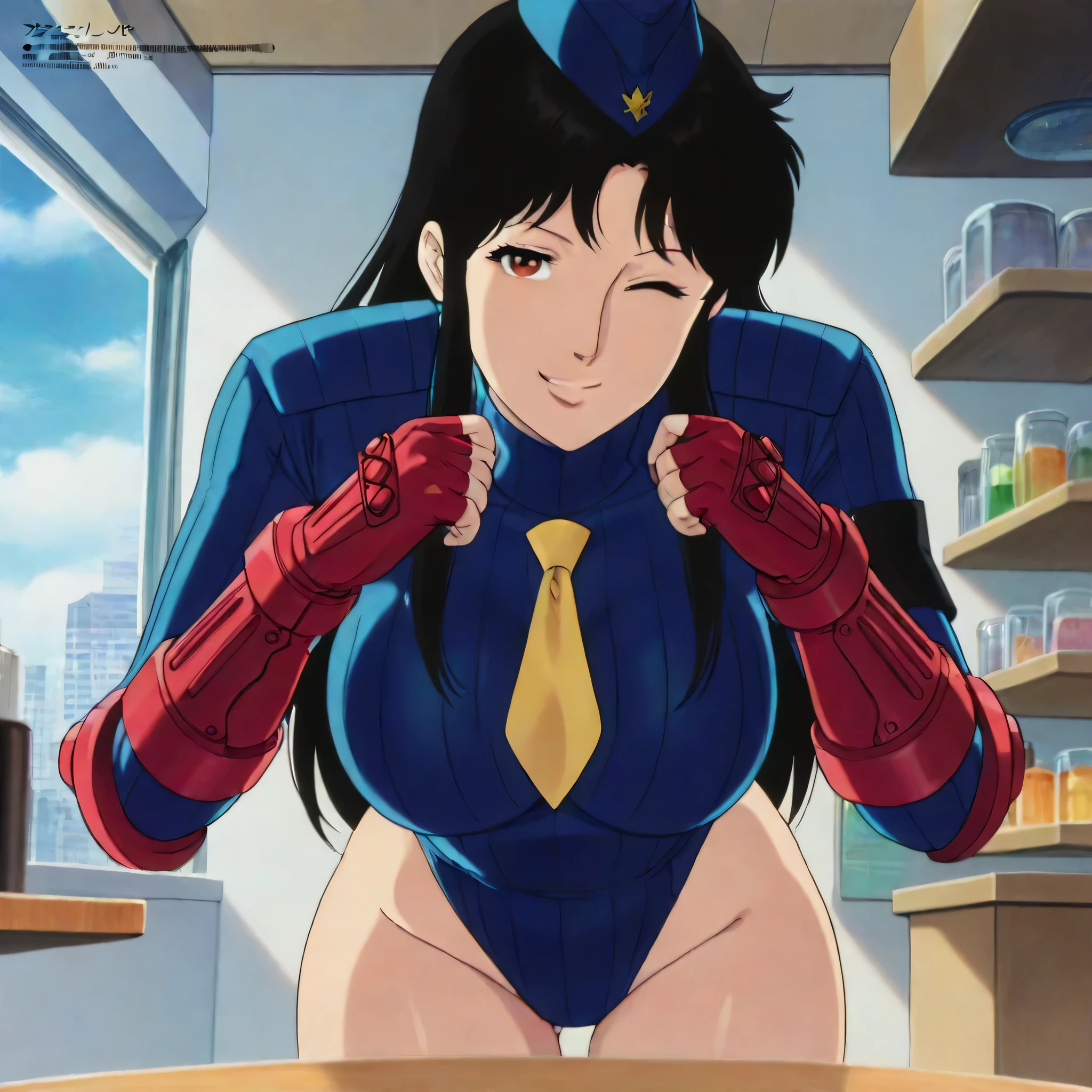 (((Masterpiece))), (((Best Quality))), ((Super Detail)), ultra-High resolution, score_9,score_8_up,score_7_up,score_6_up,score_5_up,score_4_up, BREAK, source_anime, anime screencap, uncensored, Masterpiece, (best shadow), (absurdres), (detailed background), (very aesthetic), shiny, detailed beautiful eyes, outstanding, countershading, detailed soft lighting, an exquisite animation illustration, curvy, shadaloo dolls, red gloves, hat, fingerless gloves, gauntlet, red gauntlet, leotard, cosplay, highleg, highleg leotard, garrison cap, dark persona, ribbed leotard, yellow necktie, (((solo, 1girl))), hair ornament, seductive pose, submissive pose, anime style, anime coloring, animification, megami magazine, sexy pose, kisugi hitomi, black hair, long hair, brown eyes, day, cafe, indoor, pov across table, breast press, wink, smile, seductive smile, behind counter