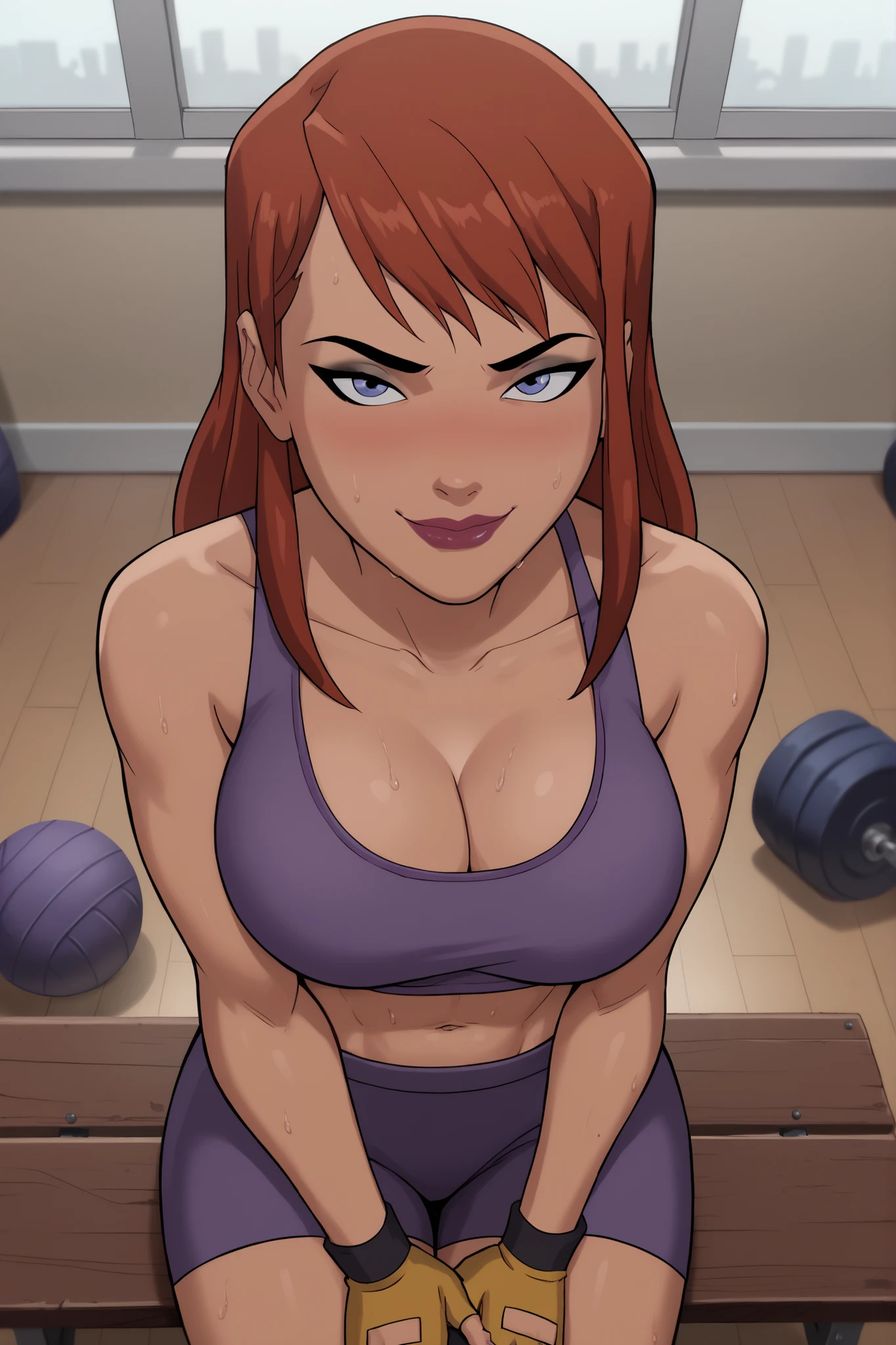 BREAK, score_6_up, score_9_up, score_8_up, score_7_up, 1girl, solo, barbara gordon, ginger hair, long hair, blue eyes, lipstick, makeup, large breasts, cleavage, curvy, athletic, busty, purple sports bra, purple gym shorts, yellow fingerless gloves, looking at viewer, seducing viewer, teasing viewer, smiling, closed mouth, seductive expression, bedroom eyes, indoors, gym, sitting on bench, best quality, high quality, portrait, upper body, closeup, high-angle view, black eyeshadow,  sweaty, sweat drops, blushing 