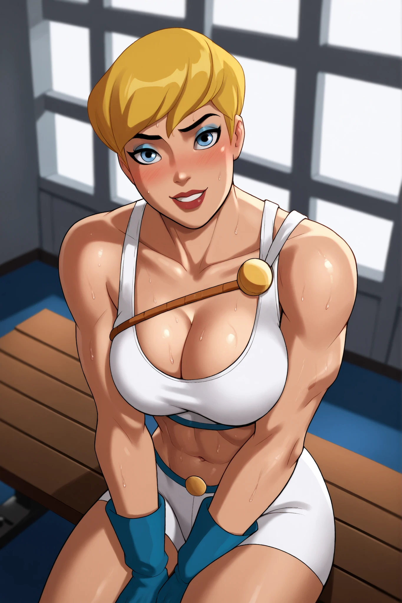 BREAK, score_8_up, score_7_up, score_6_up, score_9, PowerGirlPublicEnemies, 1girl, solo, blonde hair, large breasts, short hair, blue eyes, superhero, lipstick, makeup, dark skin, cleavage, curvy, athletic, ((looking at viewer)), seducing viewer, teasing viewer, smile, closed mouth, seductive expression, bedroom eyes, busty, white sports bra, white gym shorts, blue fingerless gloves, sitting on bench, indoors, gym, portrait, upper body, closeup, high-angle view, midriff, bare shoulders, blue eyeshadow, sweaty, sweat drops, blushing