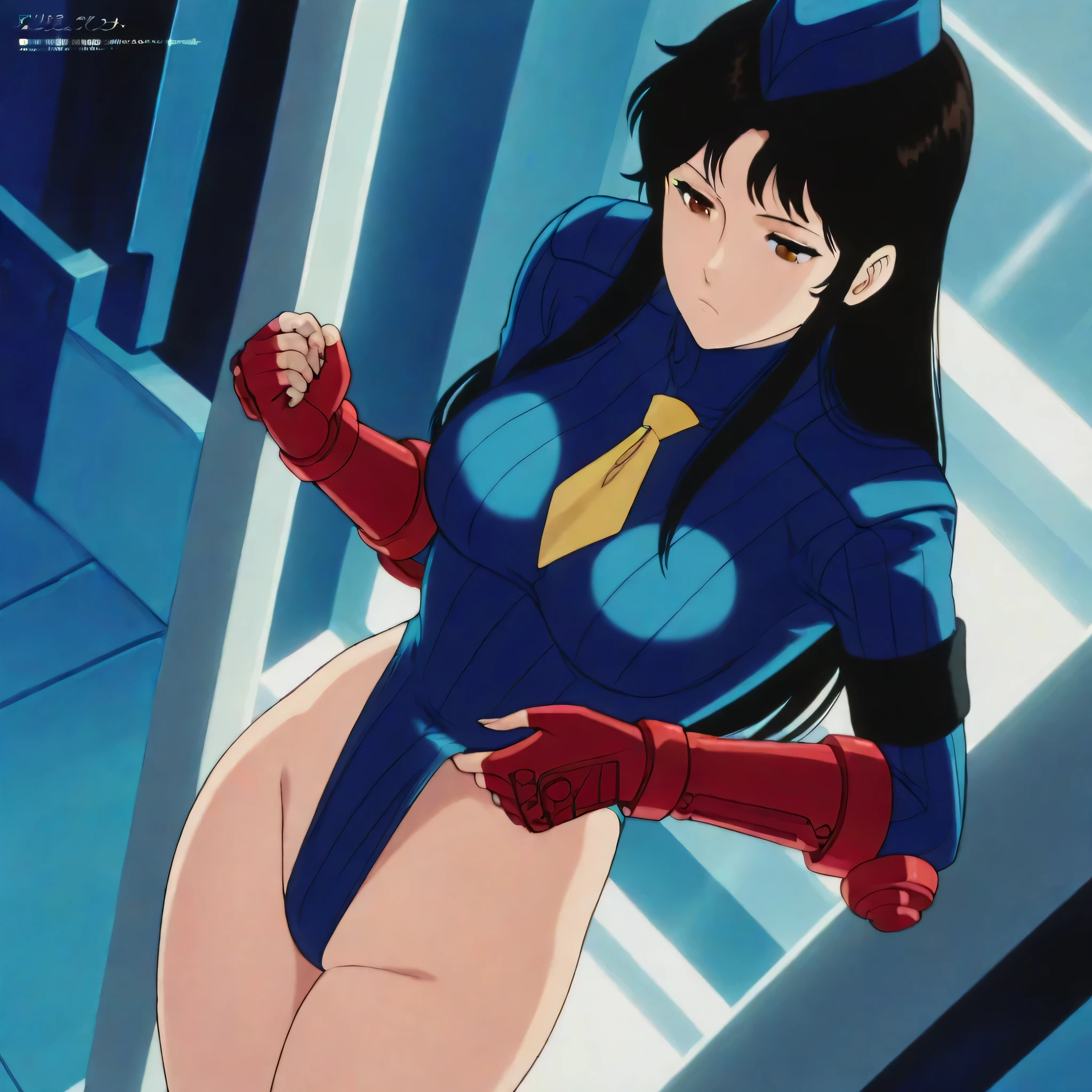 (((Masterpiece))), (((Best Quality))), ((Super Detail)), ultra-High resolution, score_9,score_8_up,score_7_up,score_6_up,score_5_up,score_4_up, BREAK, source_anime, anime screencap, uncensored, Masterpiece, (best shadow), (absurdres), (detailed background), (very aesthetic), shiny, detailed beautiful eyes, outstanding, countershading, detailed soft lighting, an exquisite animation illustration, curvy, shadaloo dolls, red gloves, hat, fingerless gloves, gauntlet, red gauntlet, leotard, cosplay, highleg, highleg leotard, garrison cap, dark persona, ribbed leotard, yellow necktie, (((solo, 1girl))), hair ornament, seductive pose, submissive pose, anime style, anime coloring, animification, megami magazine, sexy pose, expressionless, emotionless, kisugi hitomi, black hair, long hair, brown eyes, looking from above, view from above, from above, adjusting panties, adjusting clothes, dutch angle, looking down, stasis tank, laboratory, cable,