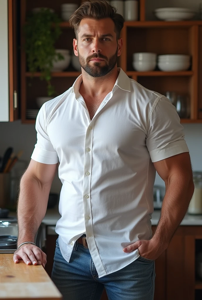 (best quality,4k,8k,highres,masterpiece:1.2), age 60, white man sheriff ,  disgusting, muscular chubby, kind, opened red silk shirt , mature daddy, Dress Pants with big bulge, hairy chest hard , belt, loafer,