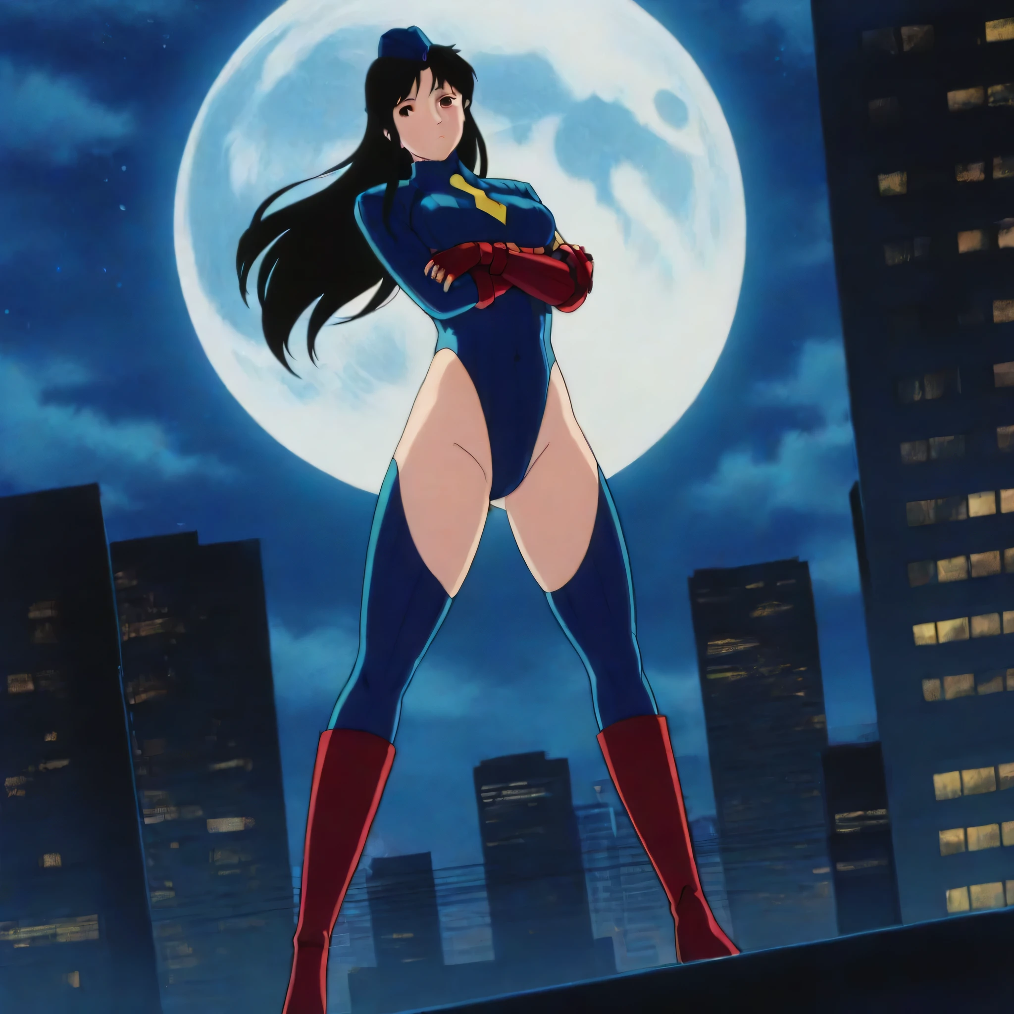 (((Masterpiece))), (((Best Quality))), ((Super Detail)), ultra-High resolution, score_9,score_8_up,score_7_up,score_6_up,score_5_up,score_4_up, BREAK, source_anime, anime screencap, uncensored, Masterpiece, (best shadow), (absurdres), (detailed background), (very aesthetic), shiny, detailed beautiful eyes, outstanding, countershading, detailed soft lighting, an exquisite animation illustration, curvy, shadaloo dolls, red gloves, hat, fingerless gloves, gauntlet, red gauntlet, leotard, cosplay, highleg, highleg leotard, garrison cap, dark persona, ribbed leotard, yellow necktie, (((solo, 1girl))), hair ornament, seductive pose, submissive pose, anime style, anime coloring, animification, megami magazine, sexy pose, expressionless, emotionless, kisugi hitomi, black hair, long hair, brown eyes, wide shot, looking from below, view from below, from below, standing on skyscrapper, wind, windy, floating hair, crossed arms, full body, dynamic angle, cinematic angle, dutch angle, night, moon, star, horror theme, dark theme