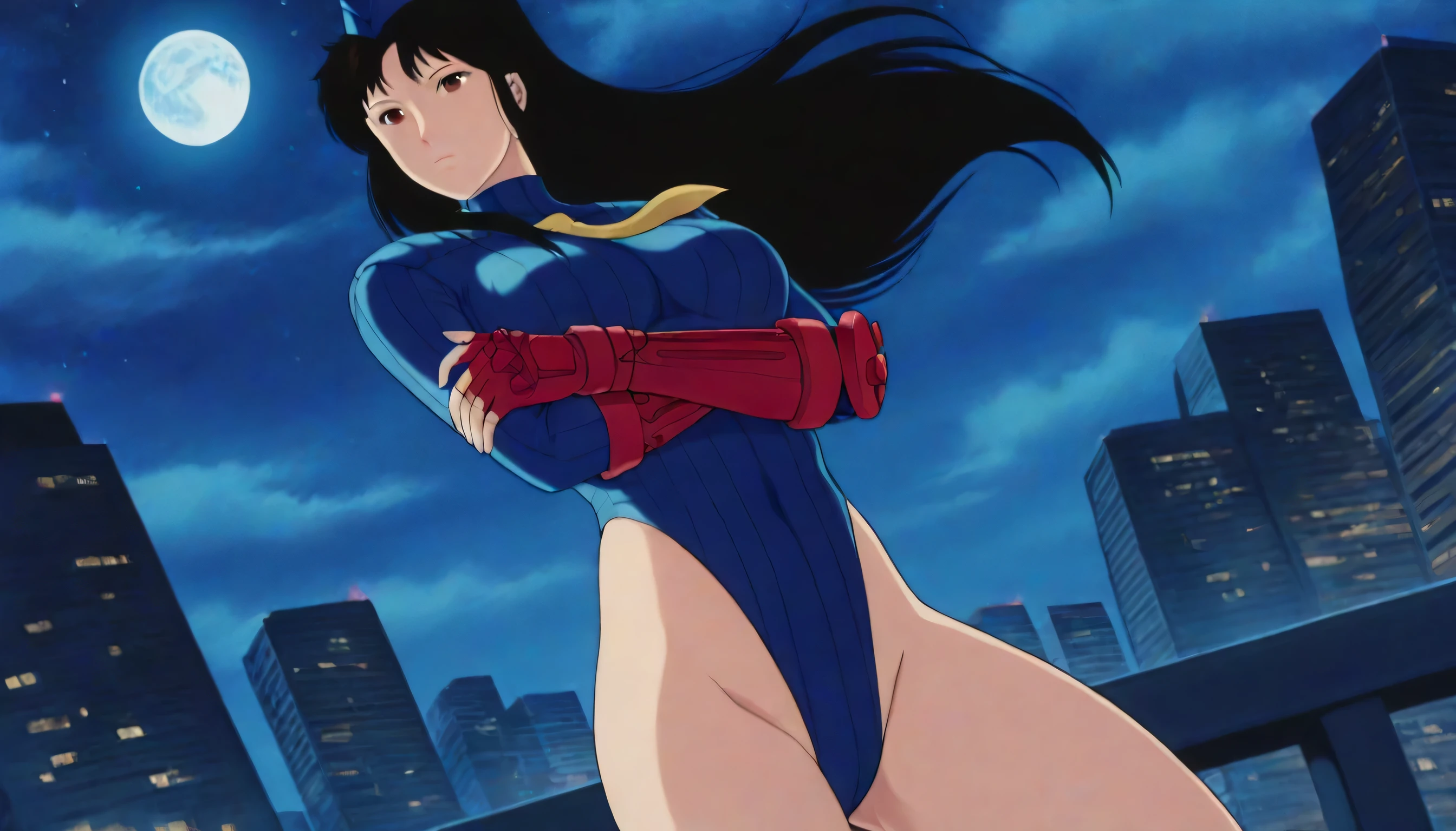 (((Masterpiece))), (((Best Quality))), ((Super Detail)), ultra-High resolution, score_9,score_8_up,score_7_up,score_6_up,score_5_up,score_4_up, BREAK, source_anime, anime screencap, uncensored, Masterpiece, (best shadow), (absurdres), (detailed background), (very aesthetic), shiny, detailed beautiful eyes, outstanding, countershading, detailed soft lighting, an exquisite animation illustration, curvy, shadaloo dolls, red gloves, hat, fingerless gloves, gauntlet, red gauntlet, leotard, cosplay, highleg, highleg leotard, garrison cap, dark persona, ribbed leotard, yellow necktie, (((solo, 1girl))), hair ornament, seductive pose, submissive pose, anime style, anime coloring, animification, megami magazine, sexy pose, expressionless, emotionless, kisugi hitomi, black hair, long hair, brown eyes, wide shot, looking from below, view from below, from below, standing on skyscrapper, wind, windy, floating hair, crossed arms, full body, dynamic angle, cinematic angle, dutch angle, night, moon, star, horror theme, dark theme, upper body, cowboy shot
