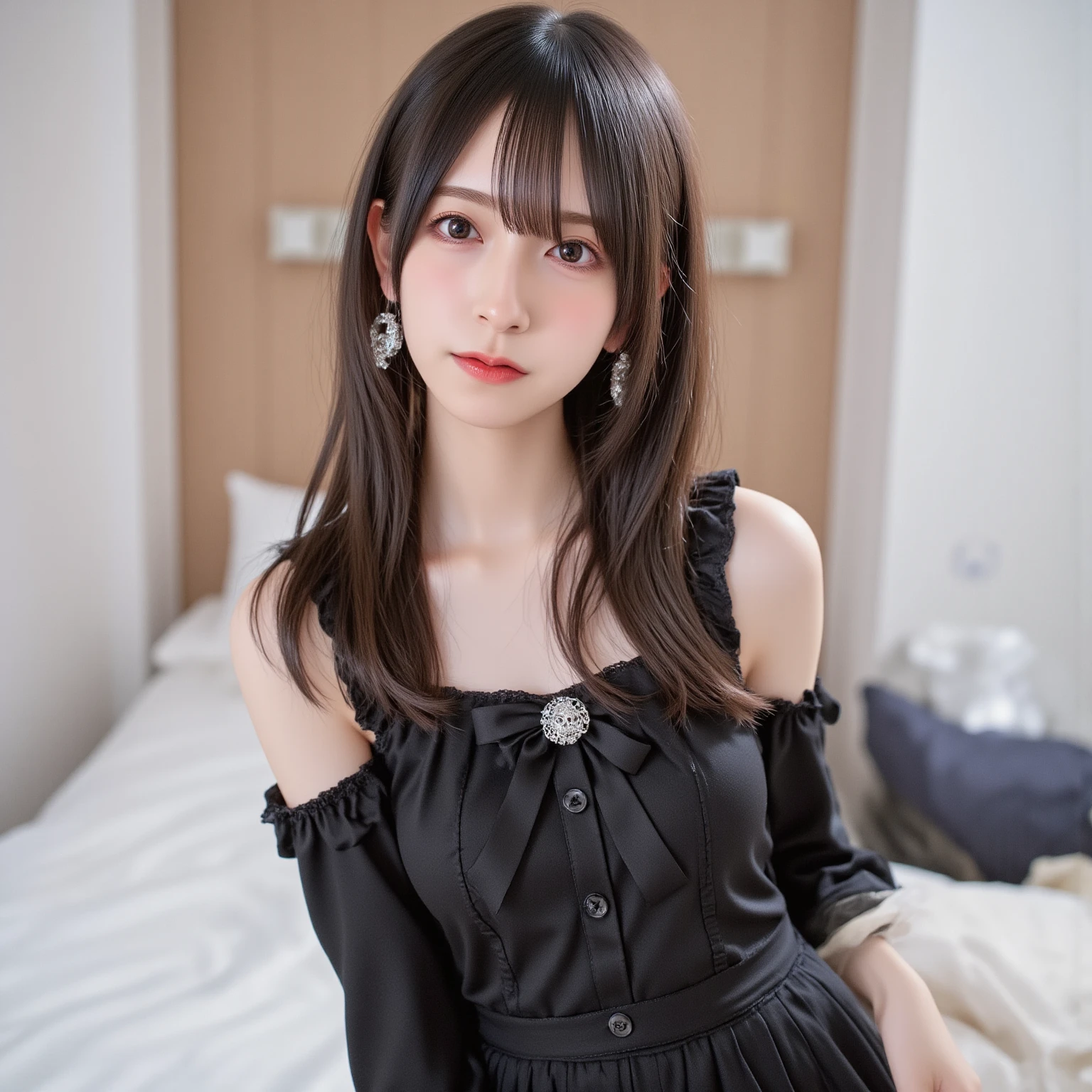 masterpiece, Highest quality, (Dark Photos:1.3), Realistic, One girl wearing a lace camisole, Flat bangs, A beautiful innocent symmetrical face, Emotional, Ulzzang, (Purelos Face_v1:0.7)