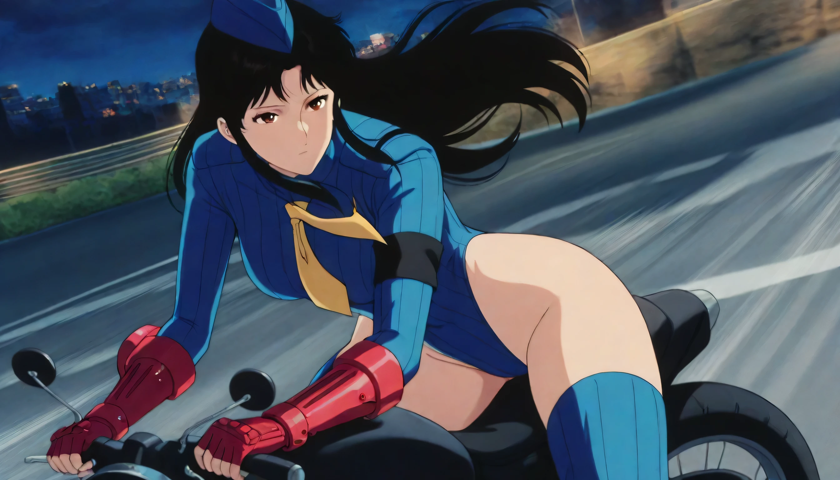 (((Masterpiece))), (((Best Quality))), ((Super Detail)), ultra-High resolution, score_9,score_8_up,score_7_up,score_6_up,score_5_up,score_4_up, BREAK, source_anime, anime screencap, uncensored, Masterpiece, (best shadow), (absurdres), (detailed background), (very aesthetic), shiny, detailed beautiful eyes, outstanding, countershading, detailed soft lighting, an exquisite animation illustration, curvy, shadaloo dolls, red gloves, hat, fingerless gloves, gauntlet, red gauntlet, leotard, cosplay, highleg, highleg leotard, garrison cap, dark persona, ribbed leotard, yellow necktie, (((solo, 1girl))), hair ornament, seductive pose, submissive pose, anime style, anime coloring, animification, megami magazine, sexy pose, expressionless, emotionless, kisugi hitomi, black hair, long hair, brown eyes, serious, Riding motorcycle, motorcycle, dynamic angle, cinematic angle, dutch angle, speed line, motion line, foreshortening, road, night,