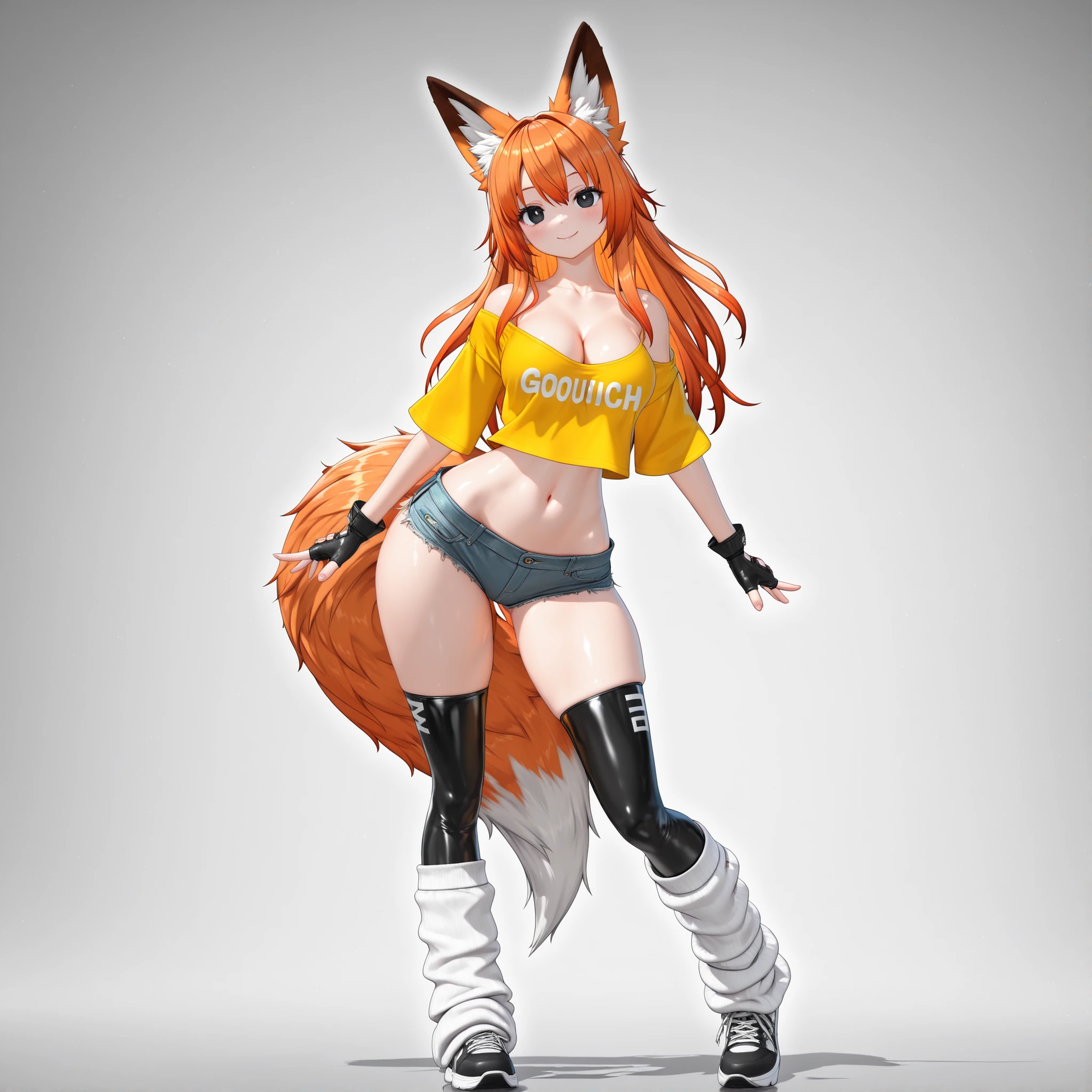 (1girl, solo, fox girl, fox ears, fox tail, orange hair, long hair, black eyes, beautiful breasts, cleavage, navel, wide hips, stylish urban outfit, off shoulder yellow shirt, micro shorts, high thigh socks, loose oversized leg warmers, sneakers, fingerless gloves, standing, posing, happy, stylish, graceful, charming, cute, full body, beautiful environment, gothicstyle, bishoujo, moe, 3d, beautiful aesthetic, simple background, masterpiece, best quality)