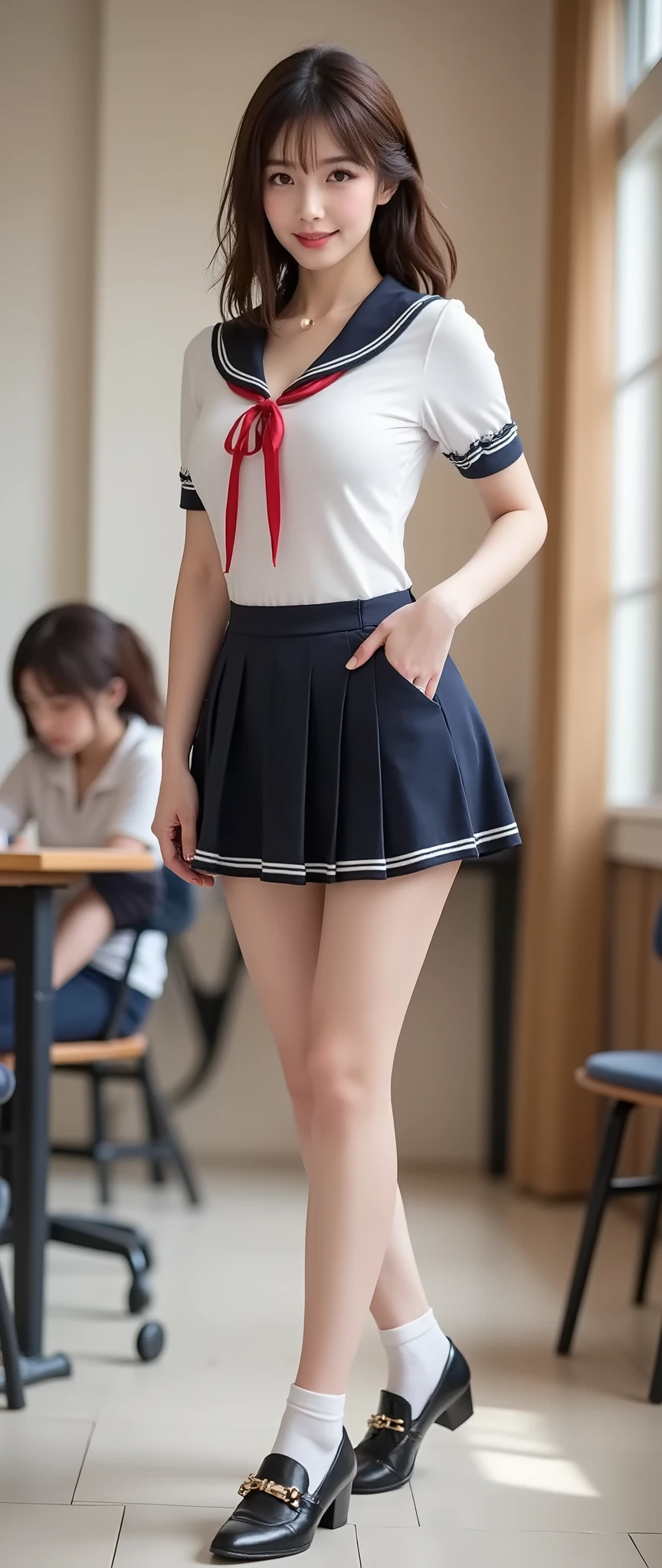 (One Gal:1.8), ( 黒 hair:0.2),((A Shining Place)), ( indoor, Night School Classroom, desk and chair ), ( Japanese showing the whole body, standing, (( Model Poses)), naturally widen your legs , walk ), ( tall , 細いthighs, Long Legs , constricted , beautiful waist), ((( curvy woman , beautiful realistic face, 白 skin, brown eyes, Natural Eyes, Focus , accurate limbs will be performed in theaters))), ( surrealist , super real, 8K Quality, attention to detail , Ultra High Definition, Highest Quality , masterpiece), ,((( BIG BREASTS、Wear a white short-sleeved sailor suit that accentuates your :1.2 , red ribbon tie , ((cleavage、Underboob、belly button out、Belly exposed、thighs )), ((low-rise micro skirt )), ((( enchanting smiles))), , fine string accessories, ( thighs、white short socks、black loafers), staring at the camera , (accurate hands and feet in the theater), Refined silhouette, Natural Curves, photorealistic seen from outside the window , complicated details,,( beautiful makeup :1.3), (( full body shot without )):1.8