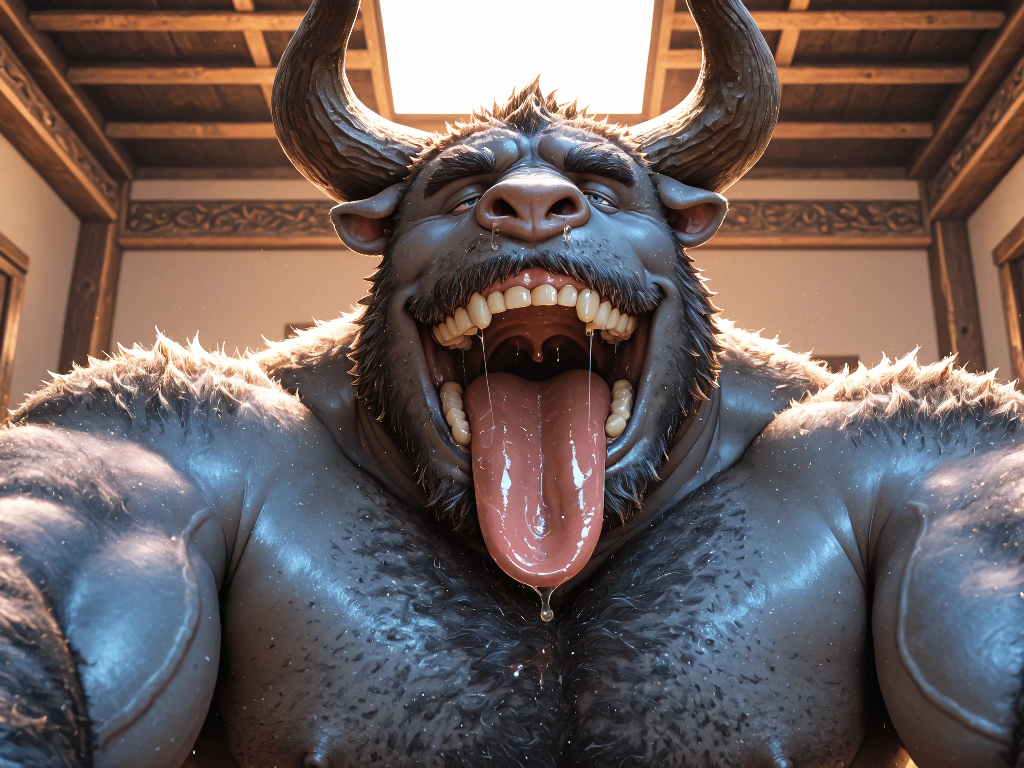 hairy, Gorilla pig, has horns，chubby,  thick arms ， strong muscles ，chubby face， Black eyebrows，sky blue eyes，beard， ironic smile ,   chest and belly  ,  ，lie down， Sunlight ,    opens its big mouth and sticks out its thick and wide tongue,  tongue with a lot of saliva, Open your mouth huge   ,    there's a lot of saliva in your mouth  , Open your mouth huge   ,  sticks out all his tongue  ,  your tongue is big and covered with saliva ,   he has too much saliva in his mouth   , abre su boca gigante y  sticks out all his tongue   ancha,  your tongue is huge and too wide  ( imagen 4k) ( imagen 3D) ( hombre ingresa su cabeza dentro de la boca del gorila) ( lengua con muchísima saliva)