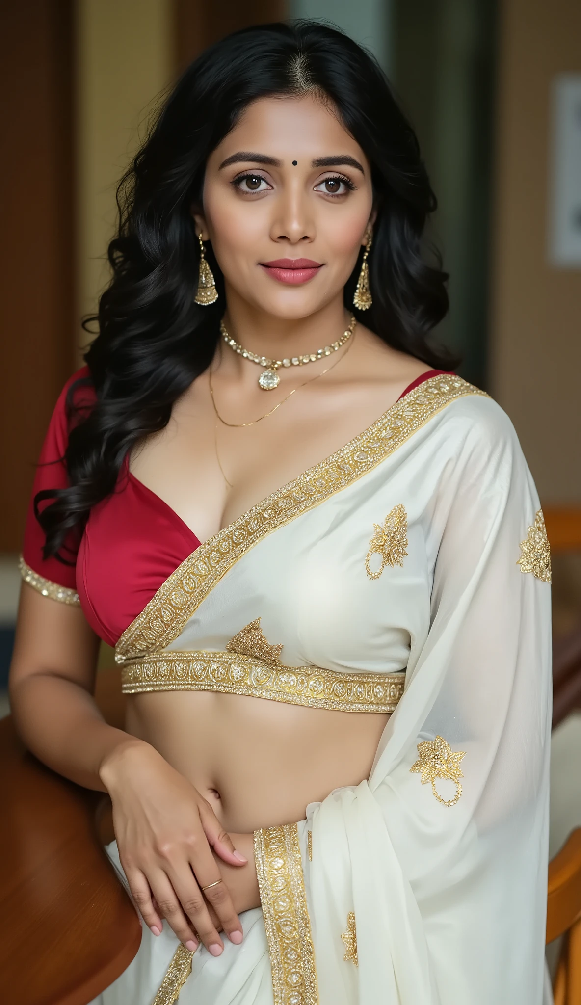 A full length photo of malayali house wife, chubby cheecks, curly long black hair, new innovative beautiful white and gold designer saree and velvet blouse, relaxing in a nature resort in thailand,Looking at viewer, High Resolution, thick fat lips, a mole on her stomach, curvy stomach