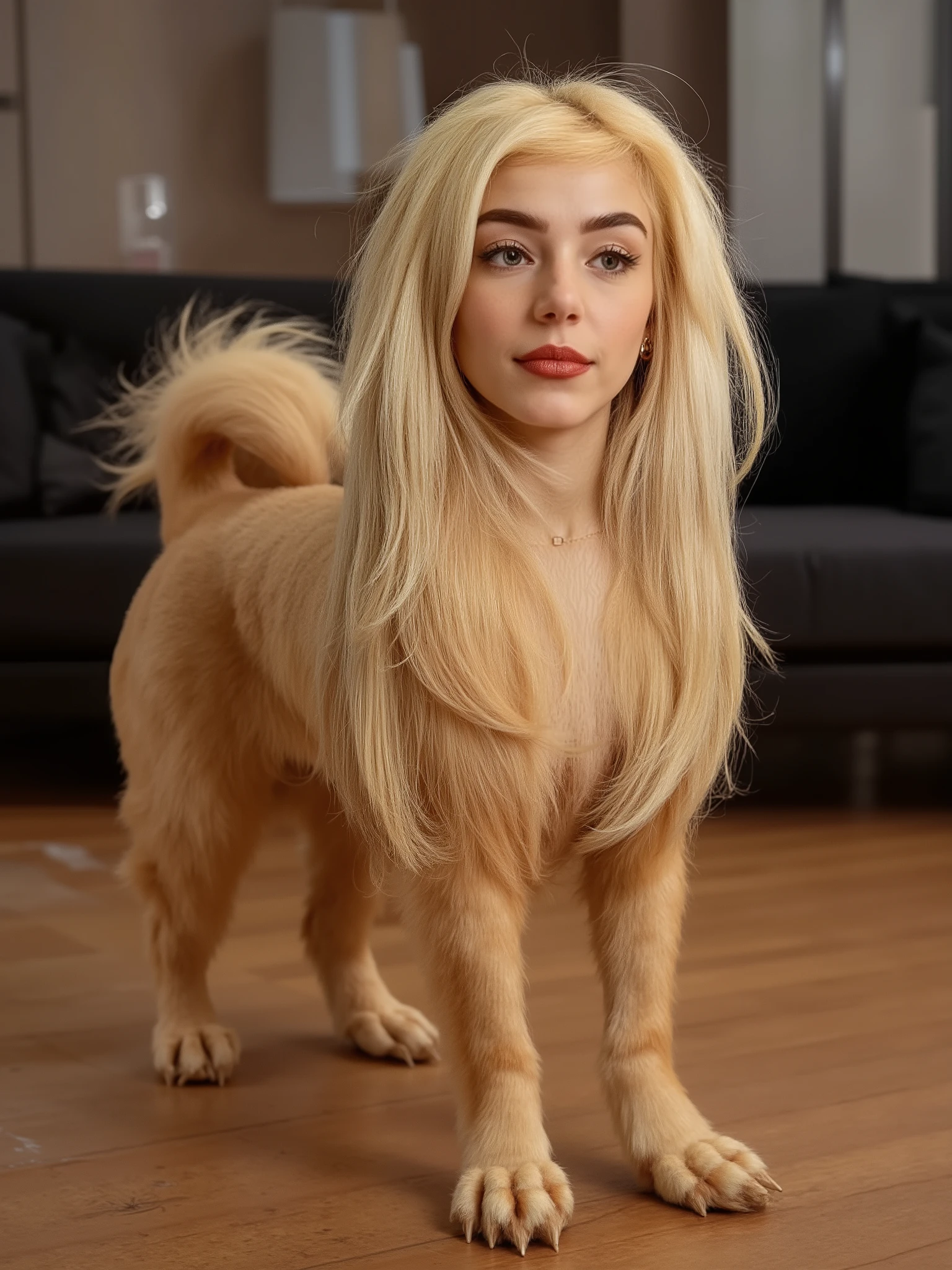 (masterpiece, high quality, high resolution hairstyle, hyperrealistic photograph), Majestic anthropomorphic female dog, hybrid creature standing on the ground on its four legs, humanized canine anatomy in an elegant posture, beautiful female face with delicate features, long, silky blond hair that falls on the shoulders, canine ears that crown their head, bright and expressive canine eyes, body completely covered with a soft and shiny coat, long and graceful tail moving to maintain balance, height proportional to an adult woman, defined canine muscles under the coat, proud and elegant posture, Flirty and happy. Modern home interior, LED lighting that creates dramatic shadows and contrasts, detailed realistic textures, perfect details of hair and skin, 8K, professional lighting , balanced composition, depth of field