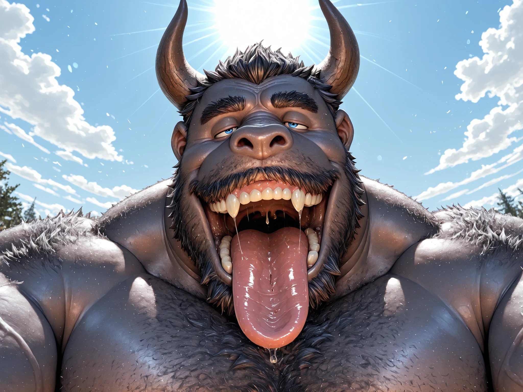 hairy, Gorilla pig, has horns，chubby,  thick arms ， strong muscles ，chubby face， Black eyebrows，sky blue eyes，beard， ironic smile ,   chest and belly  ,  ，lie down， Sunlight ,    opens its big mouth and sticks out its thick and wide tongue,  tongue with a lot of saliva, Open your mouth huge   ,    there's a lot of saliva in your mouth  , Open your mouth huge   ,  sticks out all his tongue  ,  your tongue is big and covered with saliva ,   he has too much saliva in his mouth   , abre su boca gigante y  sticks out all his tongue   ancha,  your tongue is huge and too wide  ( imagen 4k) ( imagen 3D) ( hombre ingresa su cabeza dentro de la boca del gorila) ( lengua con muchísima saliva) ( pecho color rosado pálido )