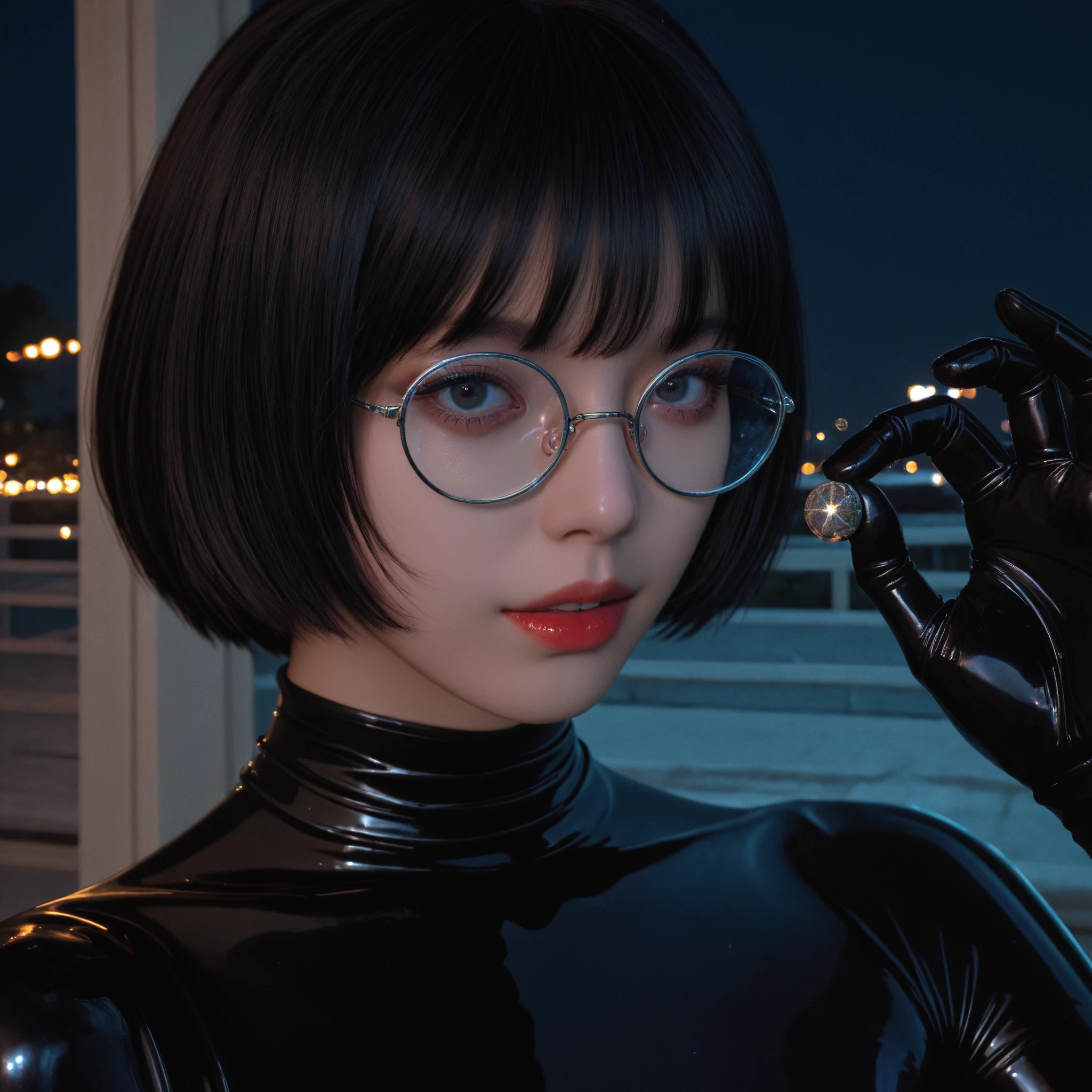 Ultra-realistic mid-shot of Edna Mode with huge breasts standing with absolute confidence in her private superhero suit vault. Her short, black bob frames her face perfectly, and her large, round black glasses gleam under the studio's sophisticated lighting. She wears a sleek, high-fashion black dress with a structured, futuristic design, accented by bold red detailing at the collar and cuffs. Her short frame is unbothered by her height—her commanding presence and piercing gaze are enough to intimidate even the greatest of heroes. She holds a sleek, redesigned superhero suit in one hand, gesturing dramatically with the other as if explaining the brilliance of her creation. Behind her, futuristic mannequin displays showcase various suit designs, illuminated by soft golden lights. The camera angle is a medium close-up, slightly low to emphasize her undeniable power and legendary status.