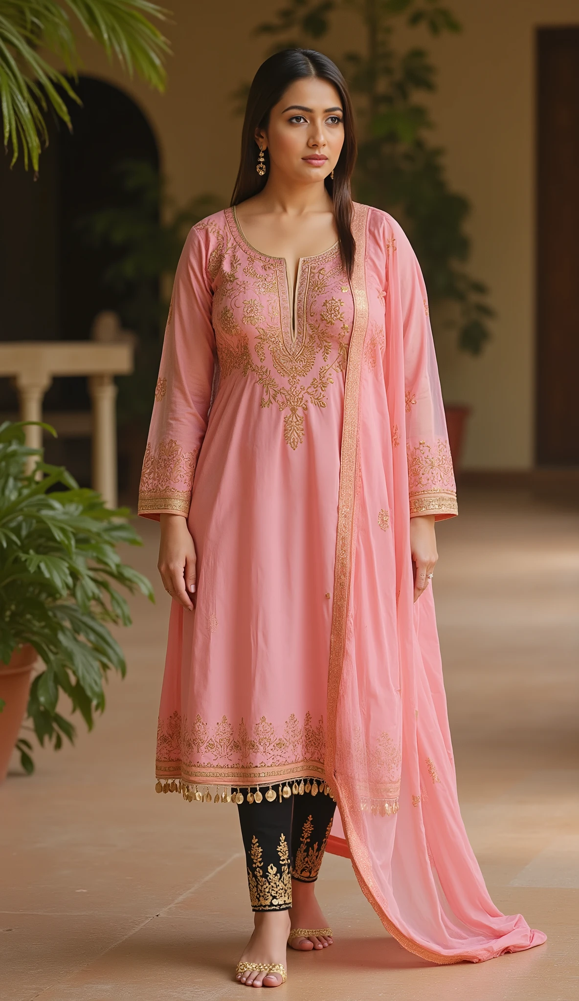 A woman wear a light pink colour woolen kurti on gold Printed design and velvet black p.js on gold print on toe side
